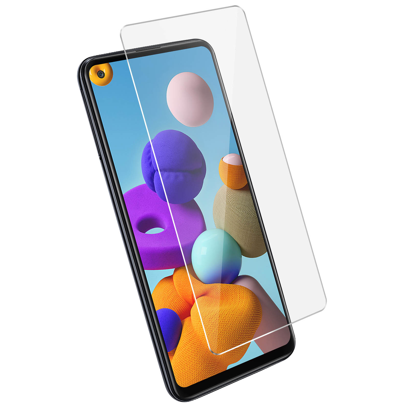 Un téléphone avec un protecteur d'écran. L'écran affiche des formes colorées. Le protecteur est légèrement décalé.