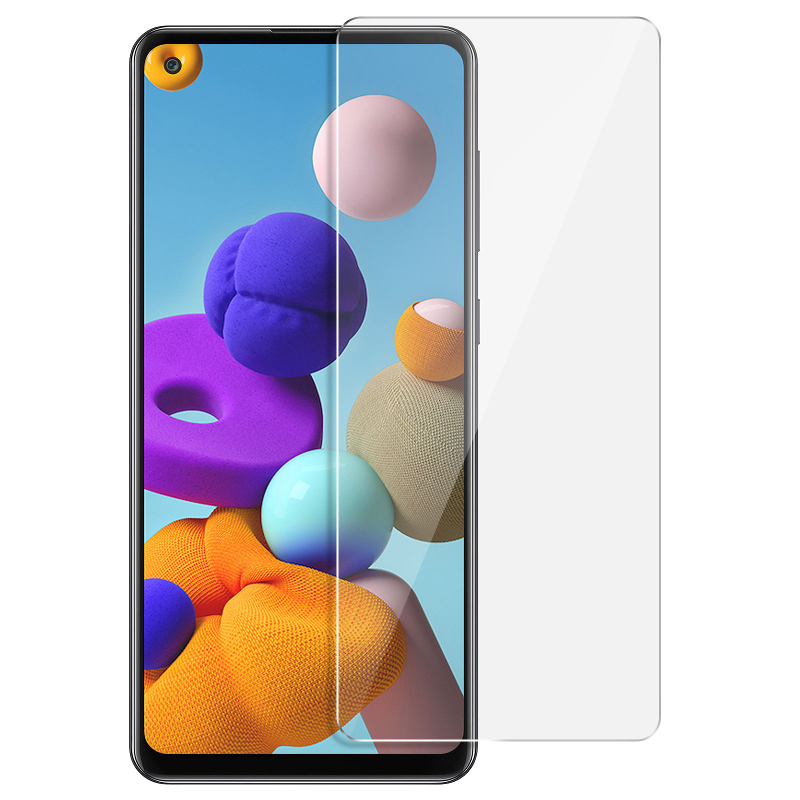 Een telefoon met een schermbeschermer aangebracht. Het scherm toont kleurrijke abstracte graphics.