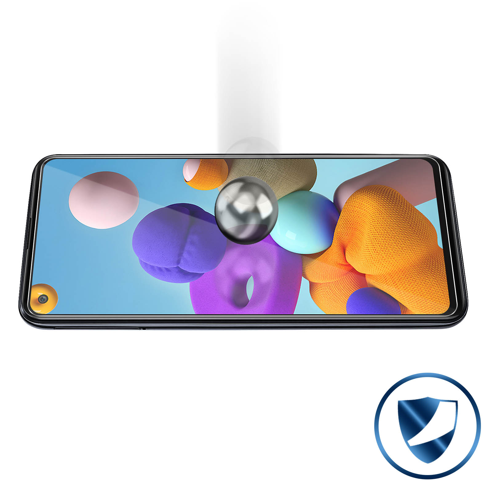 Een telefoonscherm met kleurrijke abstracte vormen, een bol die eroverheen valt. Beschermingsschild-icoon.