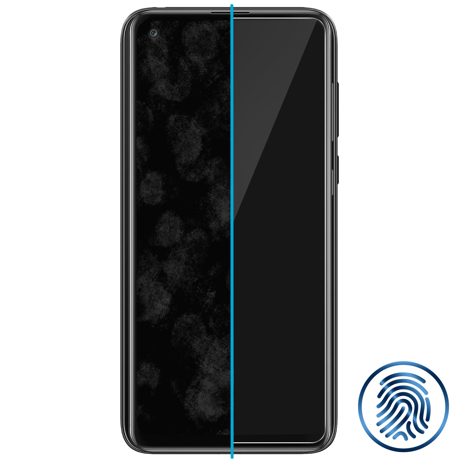 Zwart telefoonscherm met vingerafdrukken links, een blauwe lijn en een vingerafdrukpictogram.