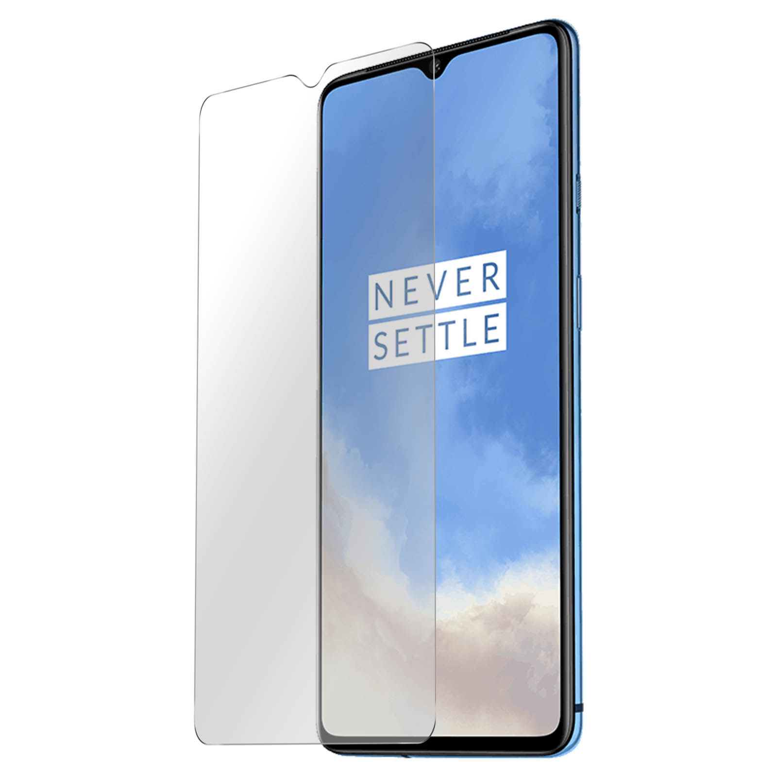 Un telefono con una protezione per lo schermo. Lo schermo mostra 'NEVER SETTLE'.