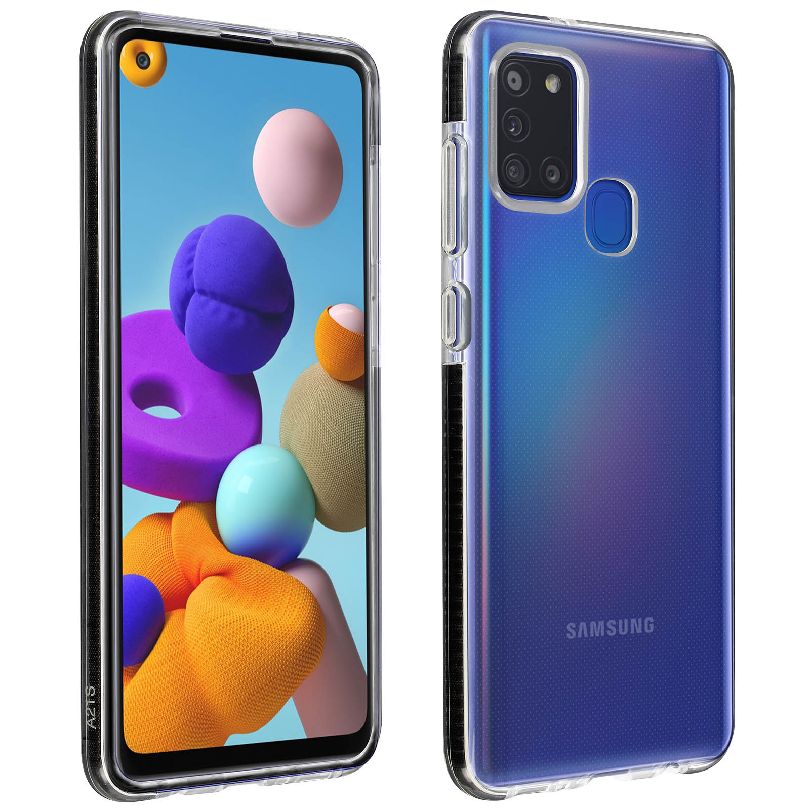 Smartphone in transparenter Hülle. Das Telefon zeigt bunte Apps. Blauer Hintergrund.