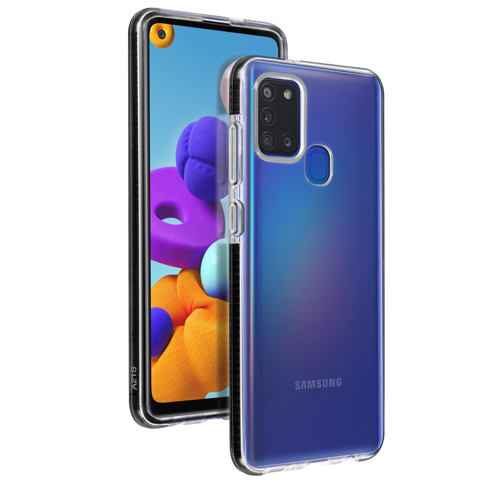 Transparente Handyhülle mit einem Handy darin. Weißer Hintergrund. Das Handy ist von Samsung.