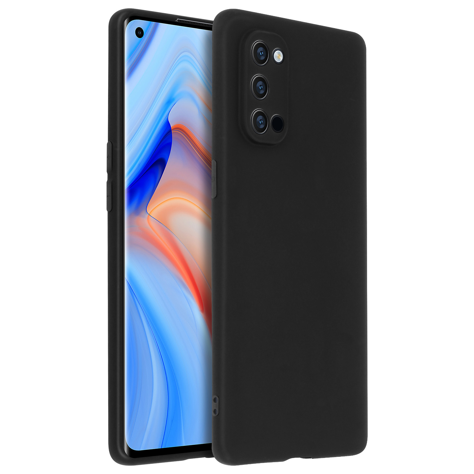 Telefono nero con custodia nera. Fotocamera e pulsanti laterali visibili.