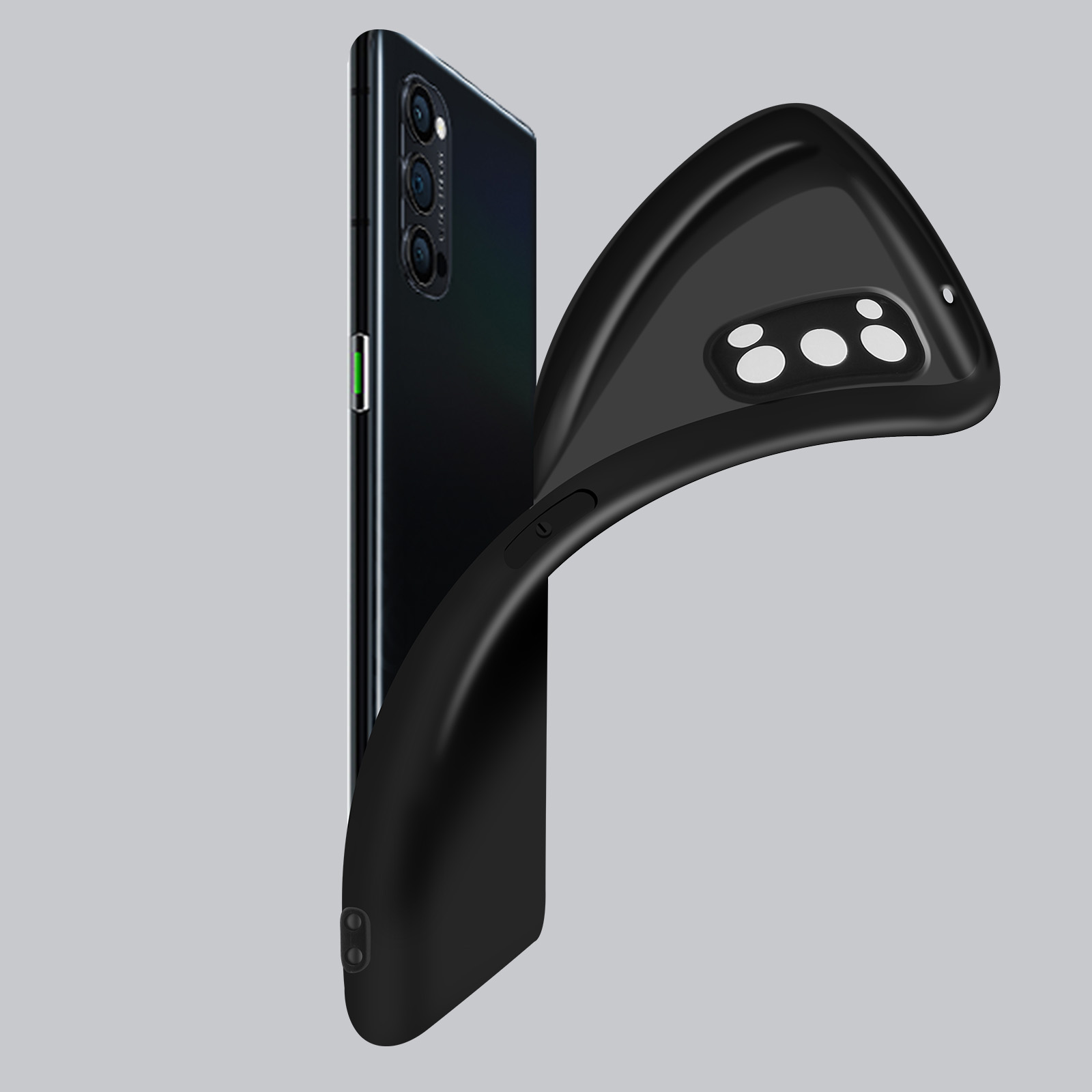 Custodia per telefono nera con il telefono in vista. Sfondo grigio.