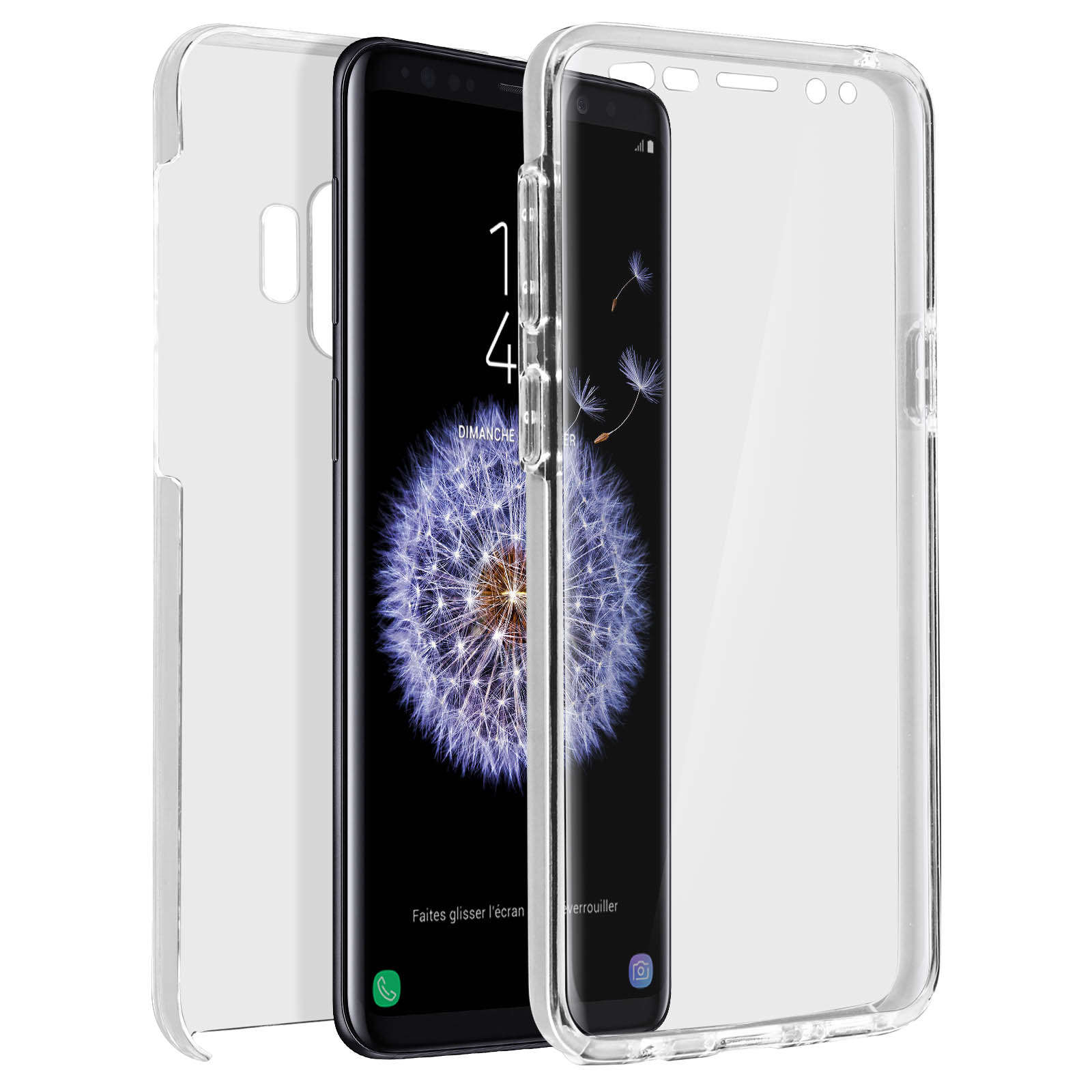 Telefono in custodia trasparente. Lo schermo mostra testo in lingua straniera.