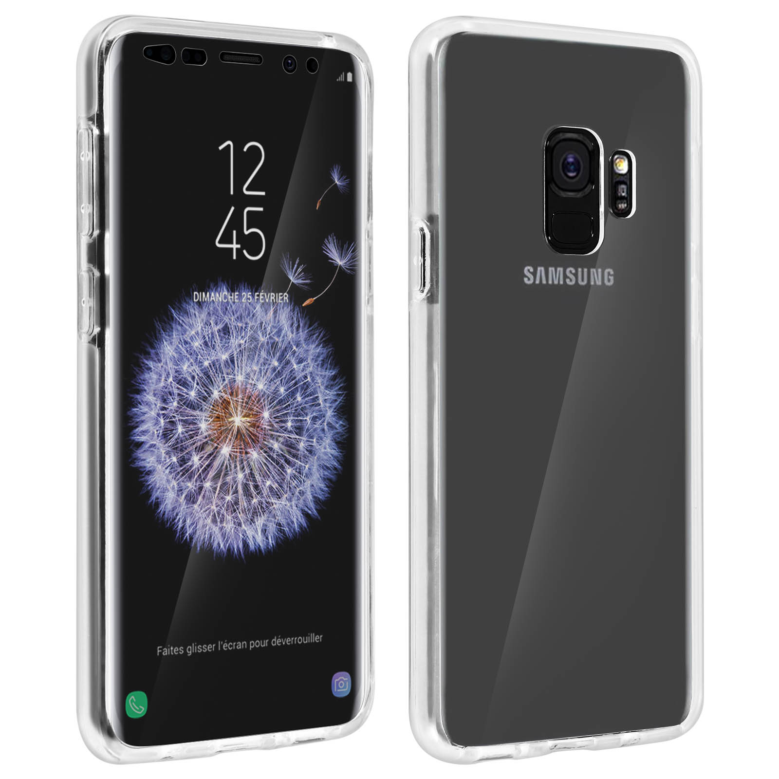 Una custodia trasparente su un telefono Samsung. Il telefono mostra l'ora e un'immagine floreale.