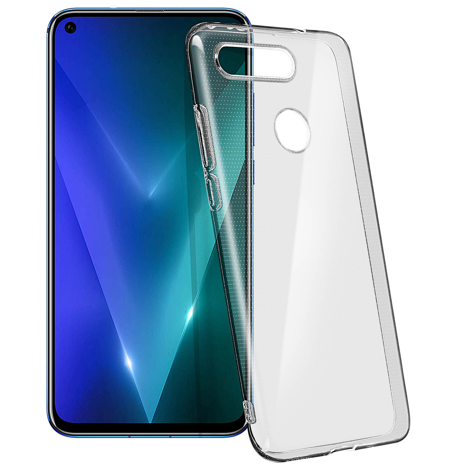 Telefono con custodia trasparente, schermo acceso, che mostra uno sfondo blu. La custodia è trasparente.