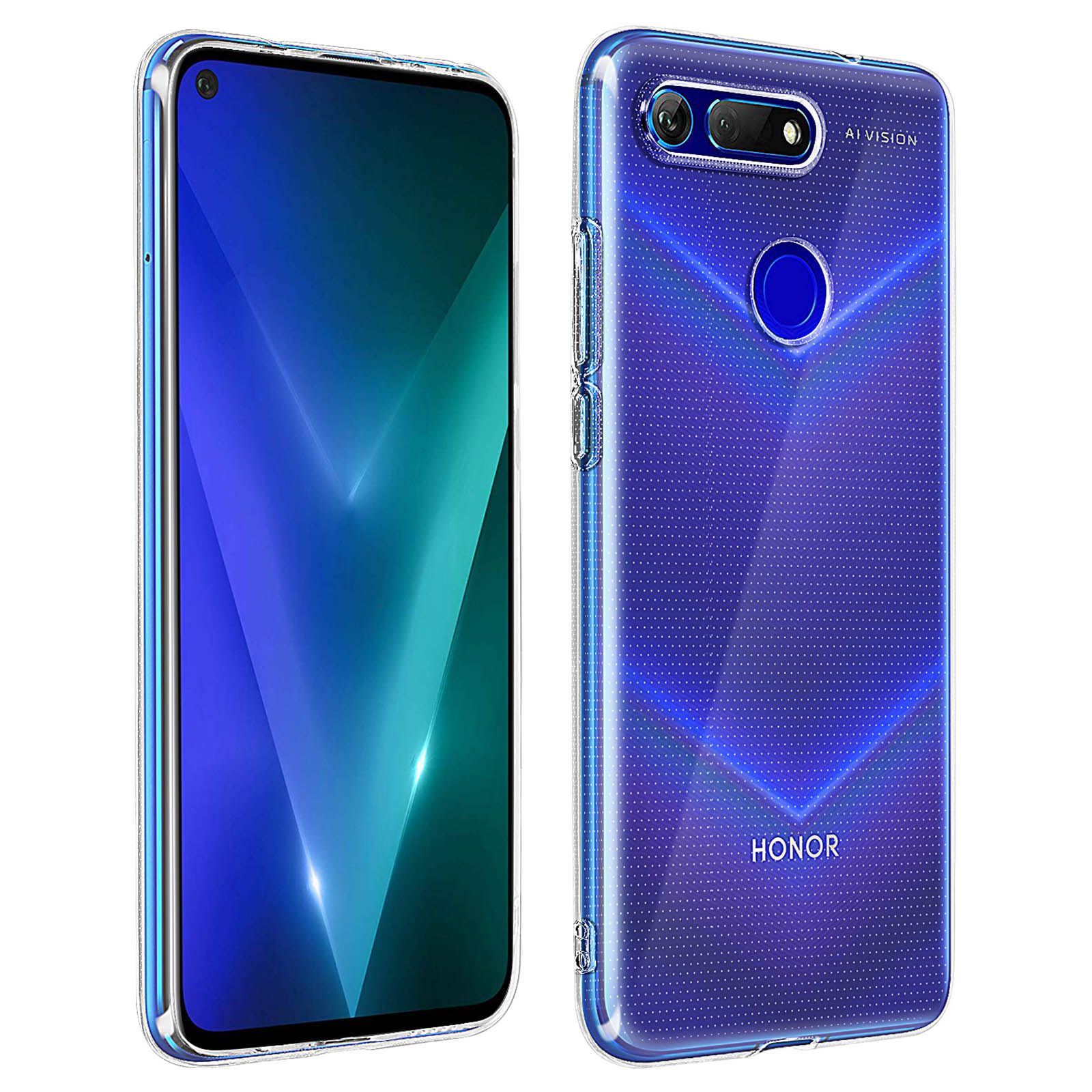 Due telefoni; uno blu, uno con custodia, che mostra il retro con AI VISION.