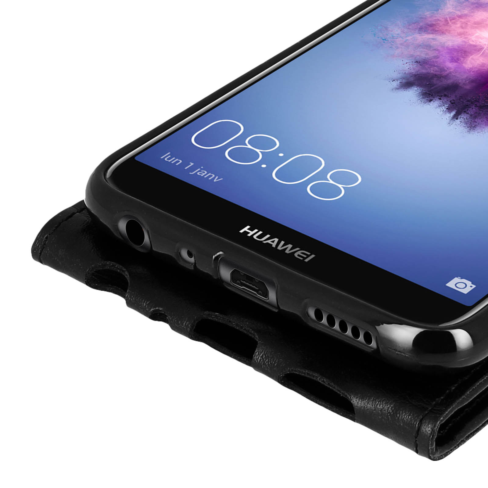 Telefono Huawei nero con custodia, mostra l'ora. Il telefono è su una custodia nera a portafoglio.