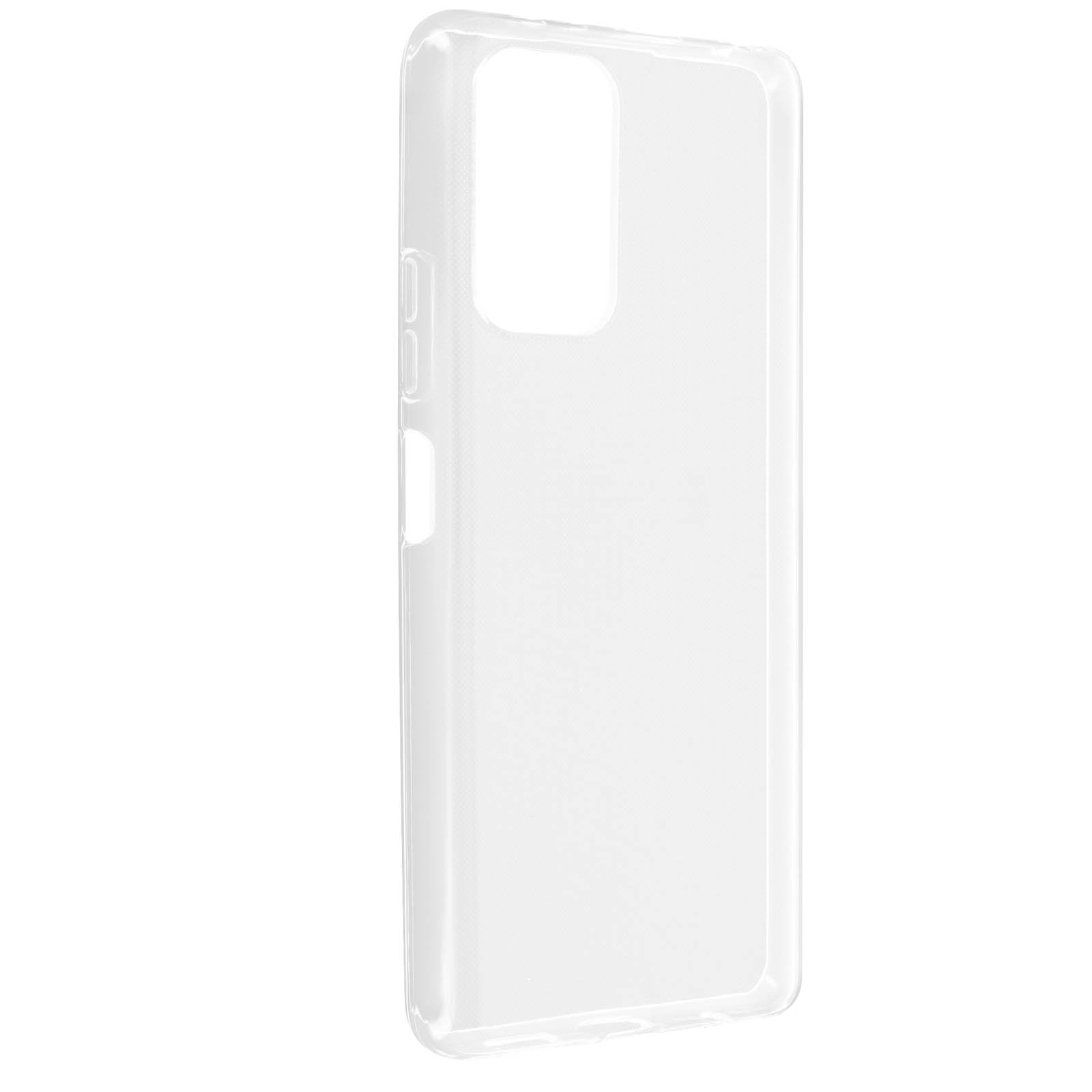 Una custodia trasparente per telefono con fori per fotocamera e pulsanti.
