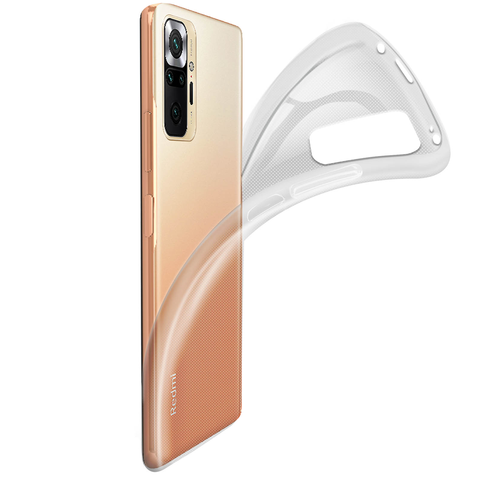 Telefono dorato con custodia trasparente che lo copre parzialmente. Sfondo bianco. Logo Redmi visibile.