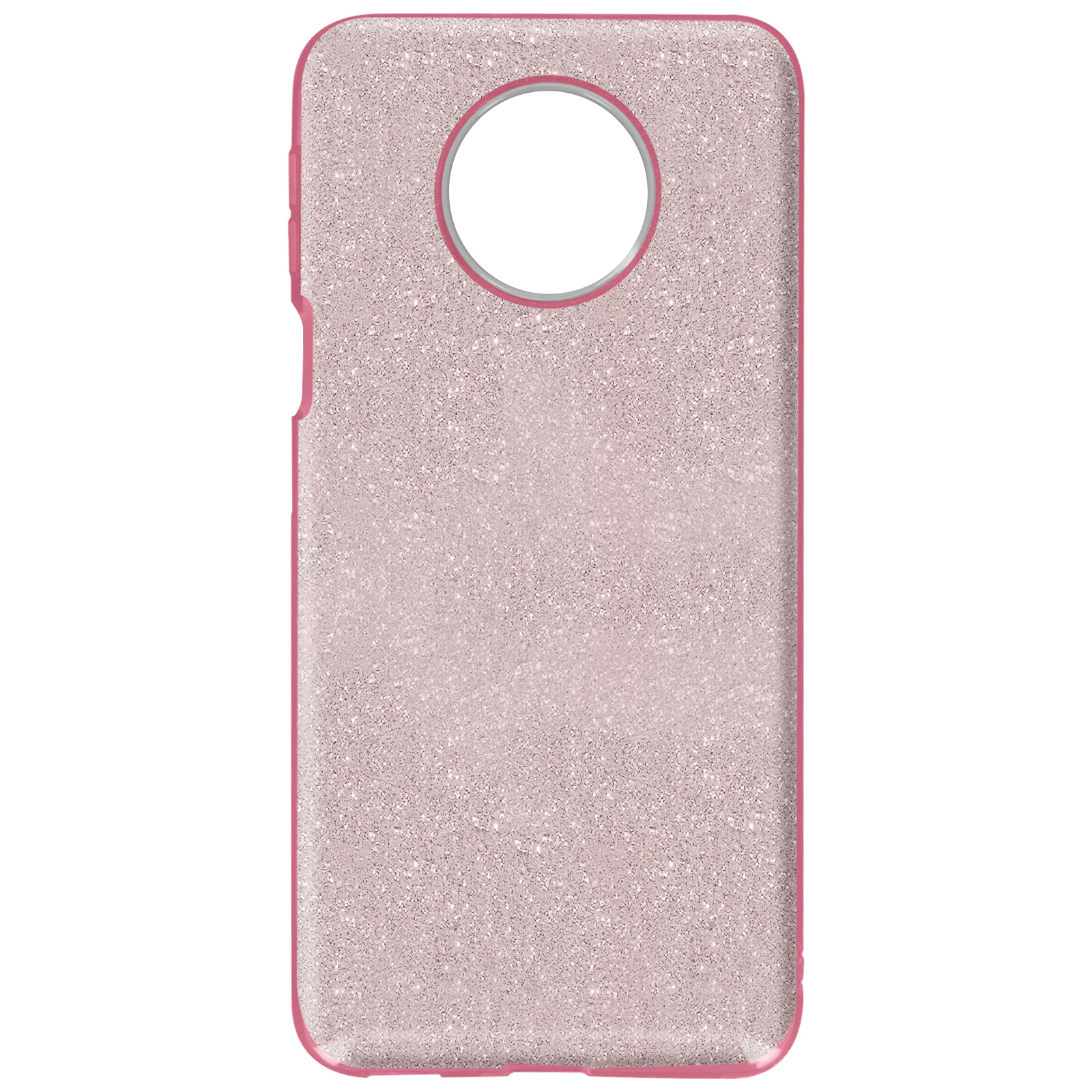 Roze glitter telefoonhoesje, met een cirkelvormige camera-uitsparing. Achteraanzicht.