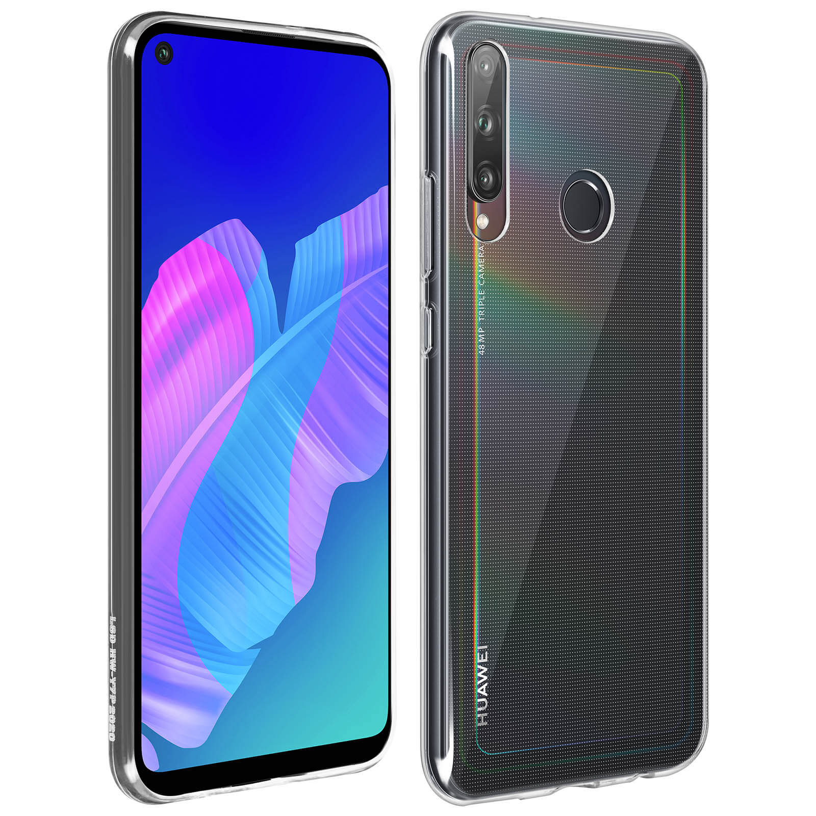 Telefono in una custodia trasparente. La parte posteriore del telefono è nera. Il telefono ha 3 fotocamere.
