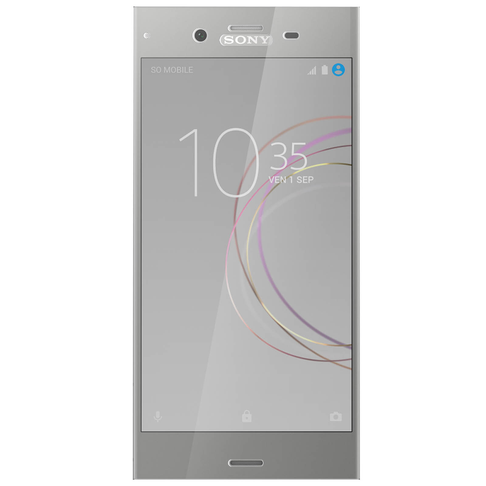 Smartphone argentato. Lo schermo mostra l'ora e la data.