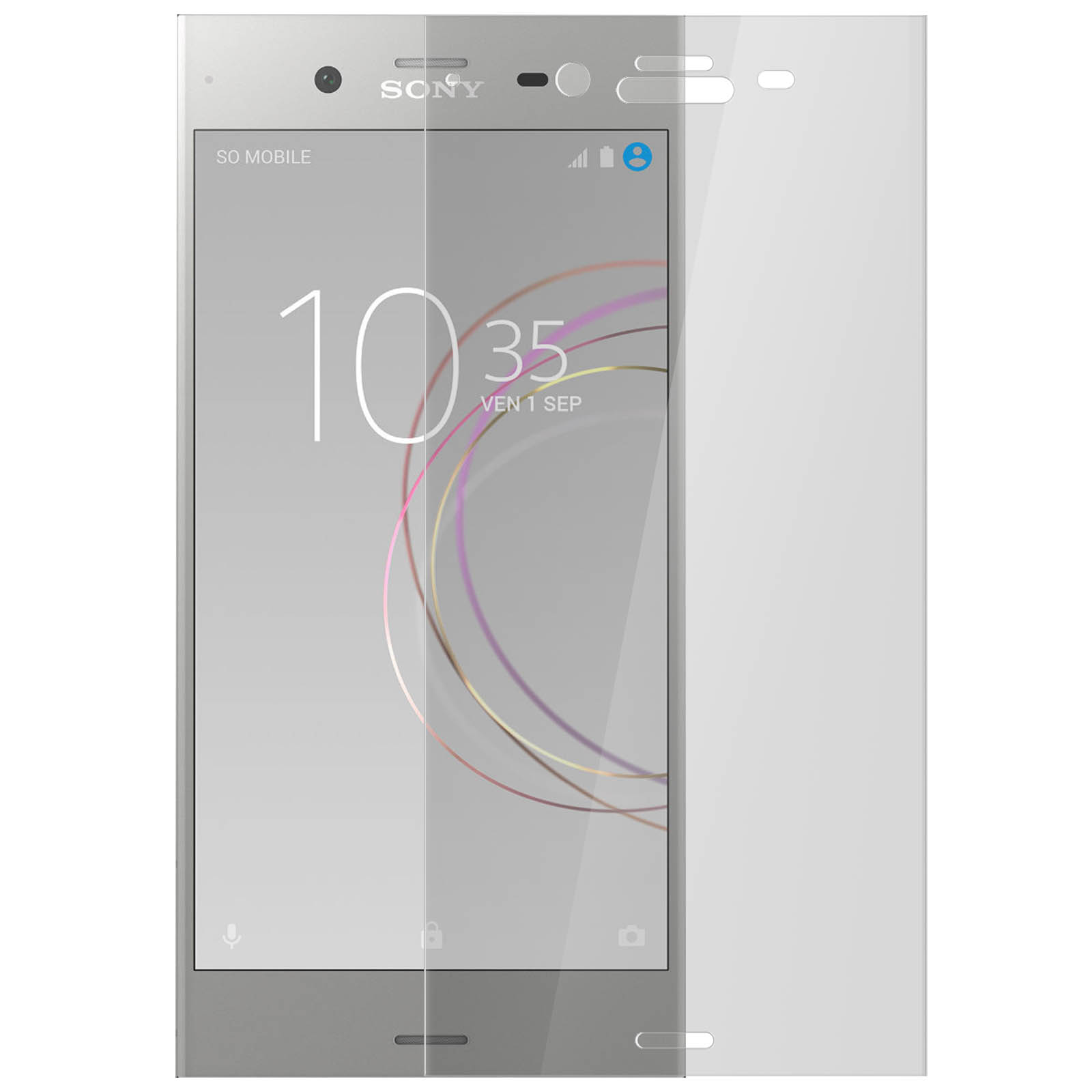 Smartphone con protezione schermo applicata. Lo schermo mostra ora e icone.
