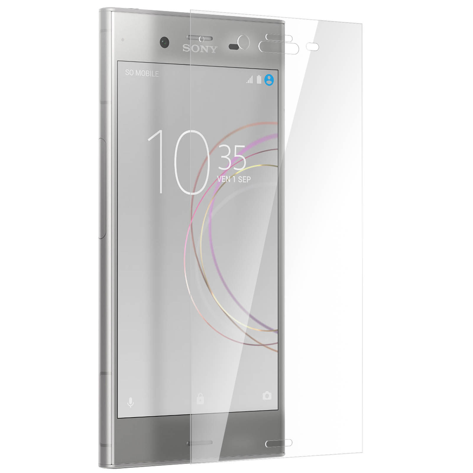 Un telefono con protezione schermo, che mostra l'ora e il segnale. Il telefono è argento.
