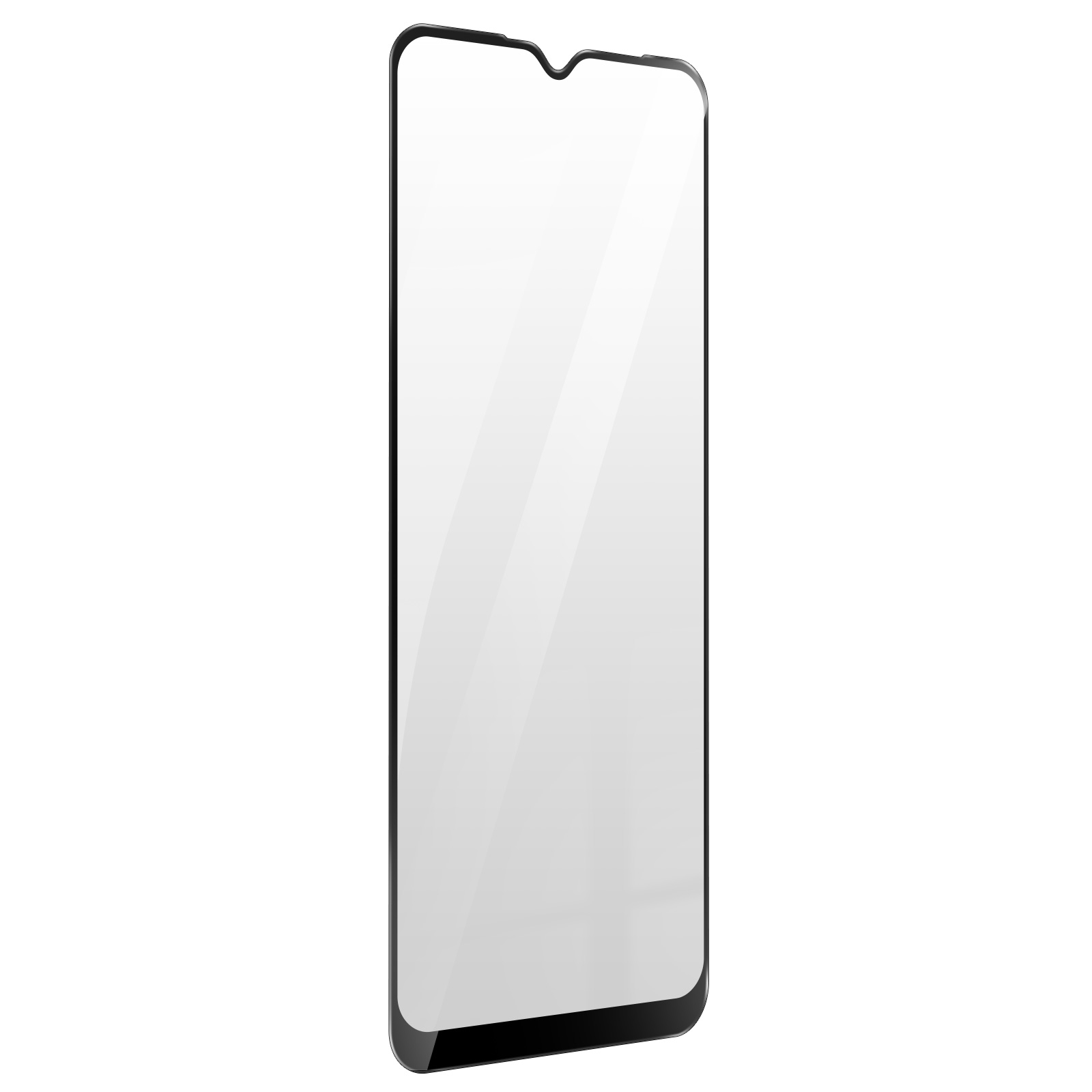 Un proteggi schermo per smartphone, cornice nera con schermo bianco. La parte superiore ha un notch e lo schermo riflette la luce.