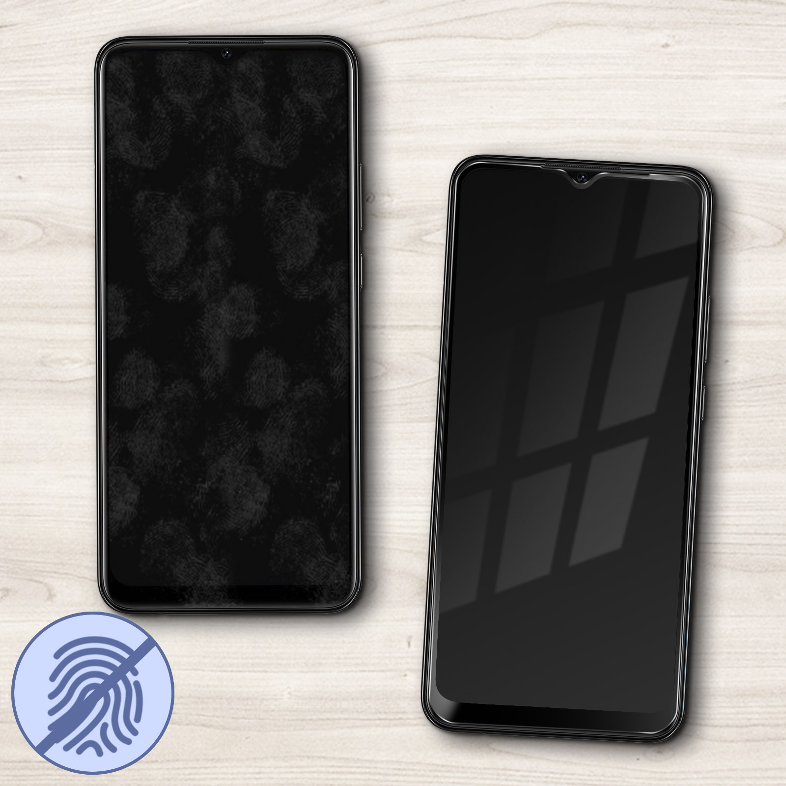 Due smartphone neri. Uno coperto di impronte digitali, l'altro con l'ombra di una finestra. Entrambi su una superficie di legno chiaro.