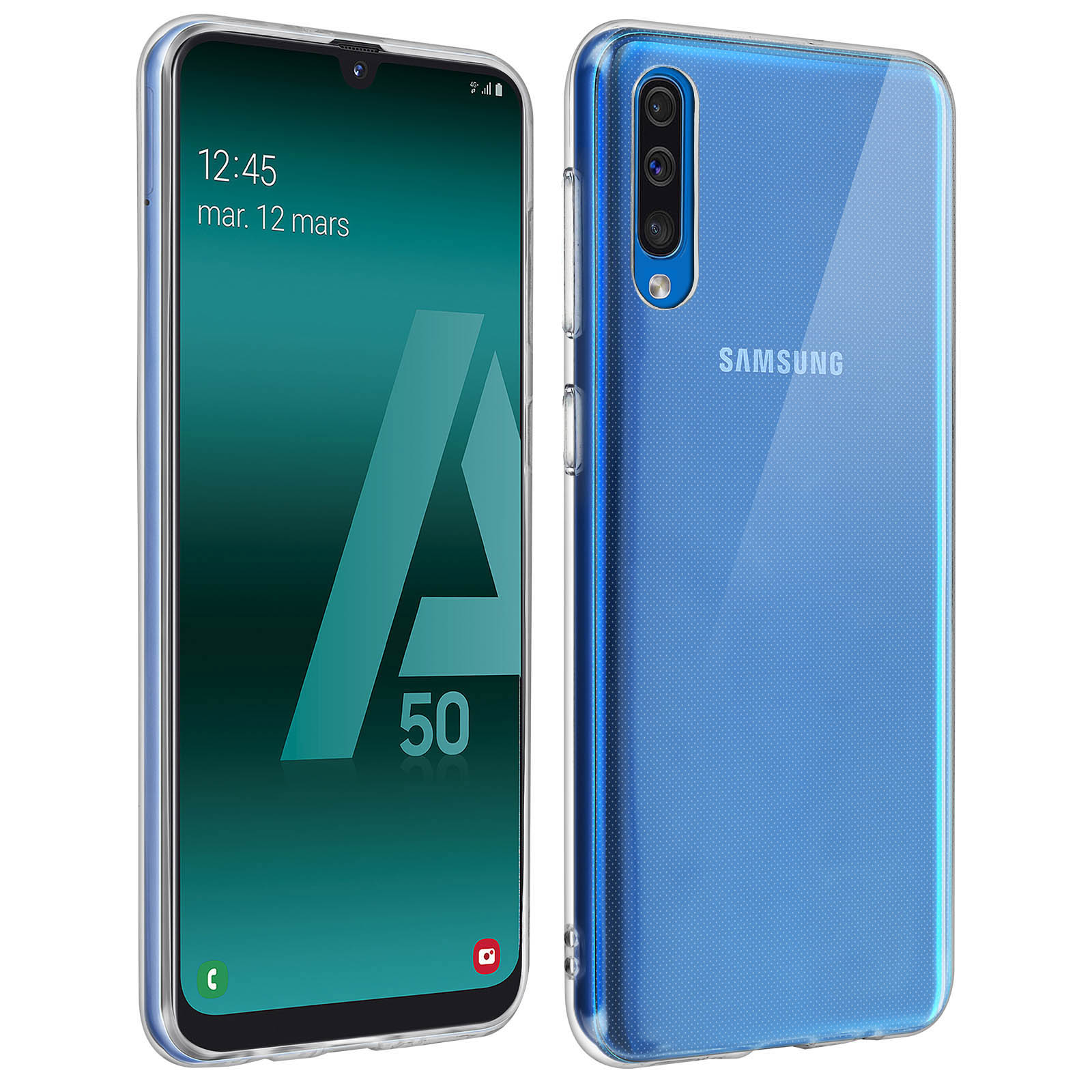 Telefono blu con custodia blu. Il telefono mostra ora, data e contenuti. La custodia è trasparente.
