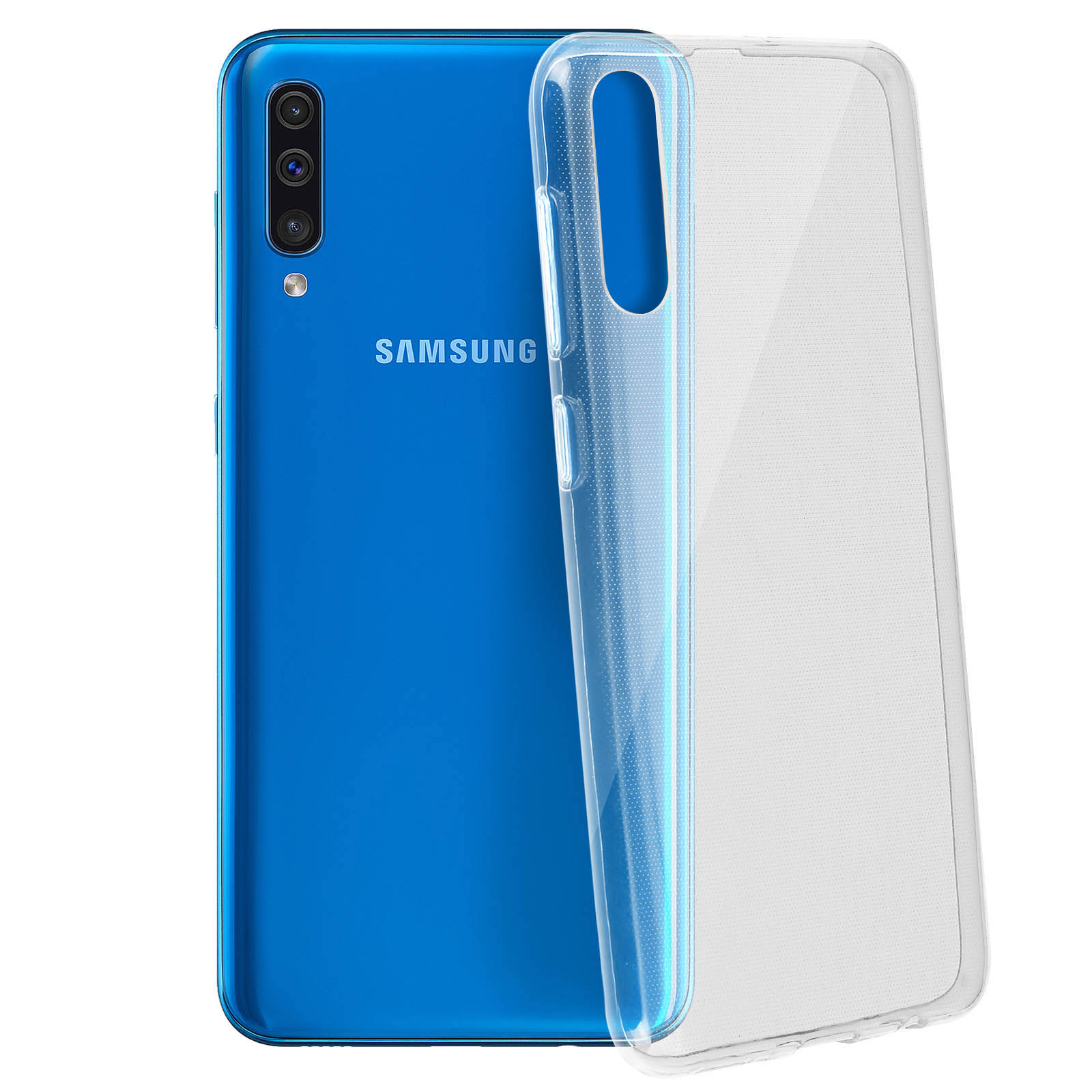 Telefono blu con custodia trasparente. Il telefono è rivolto verso l'esterno, mostra il logo Samsung.