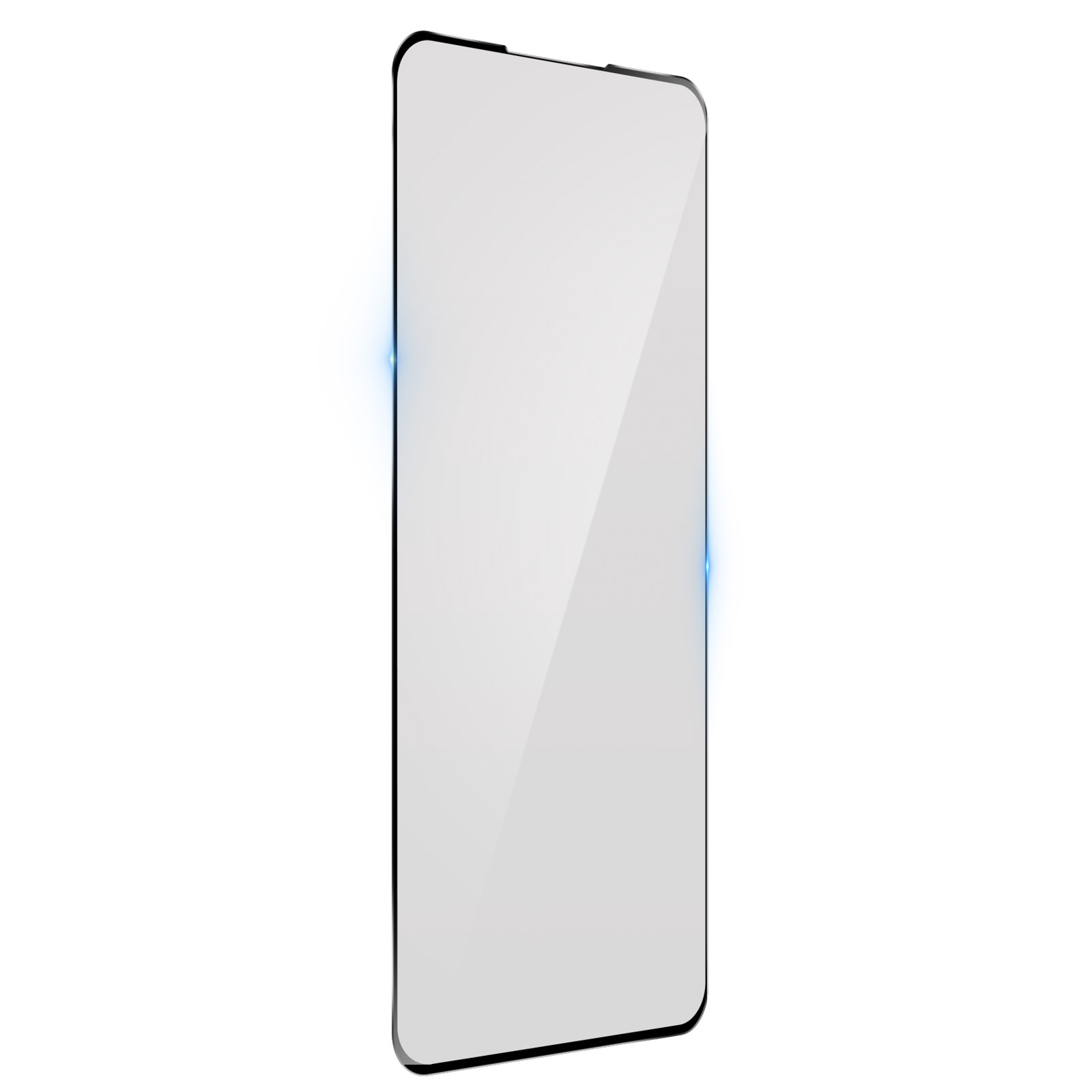 Un proteggi schermo per smartphone su sfondo bianco. Rettangolare con angoli arrotondati, bordi neri e superficie lucida.
