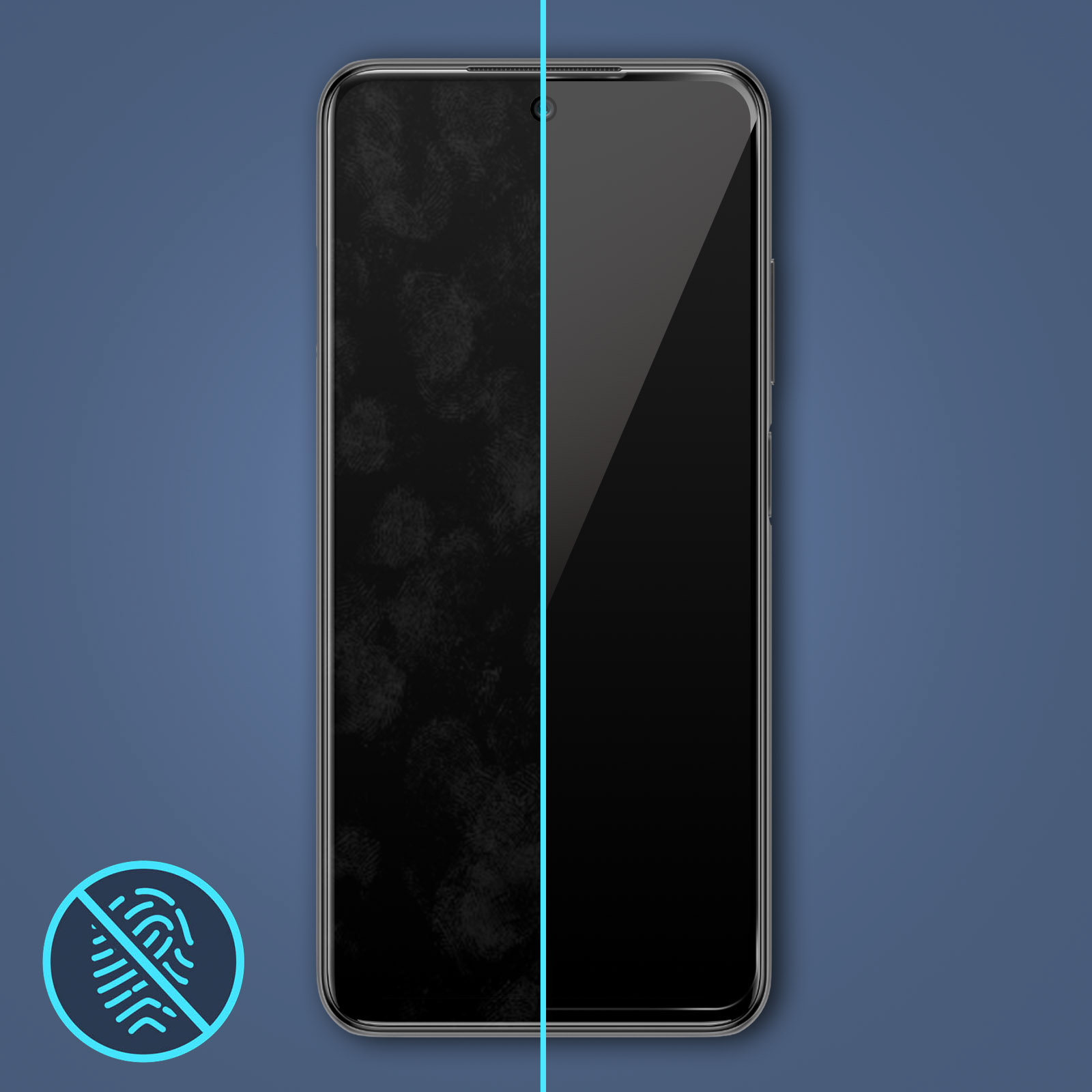 Lo schermo di uno smartphone è diviso, mostrando impronte digitali da un lato e una superficie pulita dall'altro. Sfondo blu.