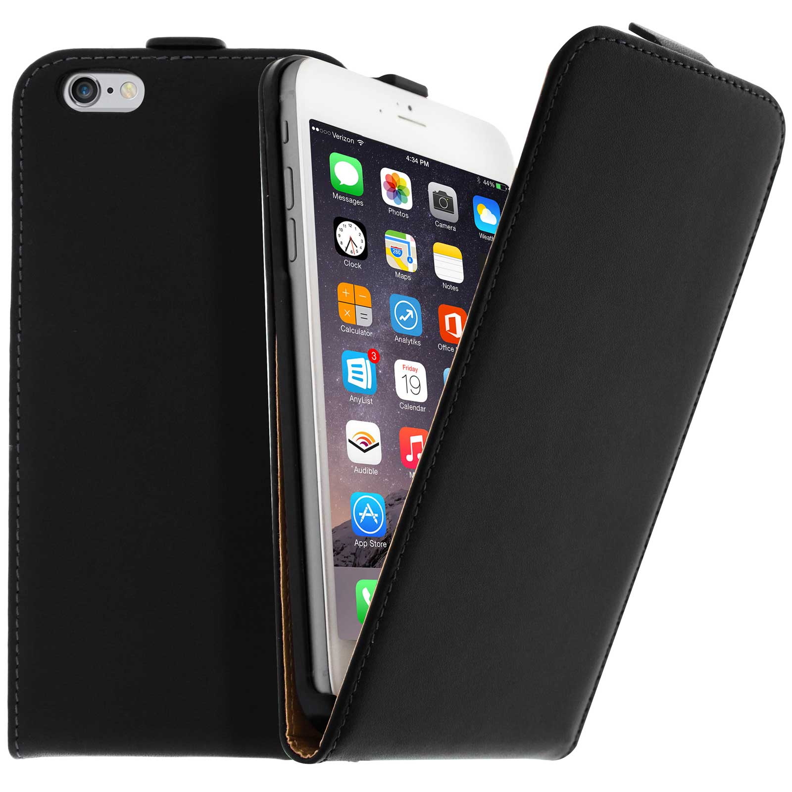 Un smartphone blanco en una funda de cuero negra, abierto para mostrar la pantalla, sobre fondo blanco.