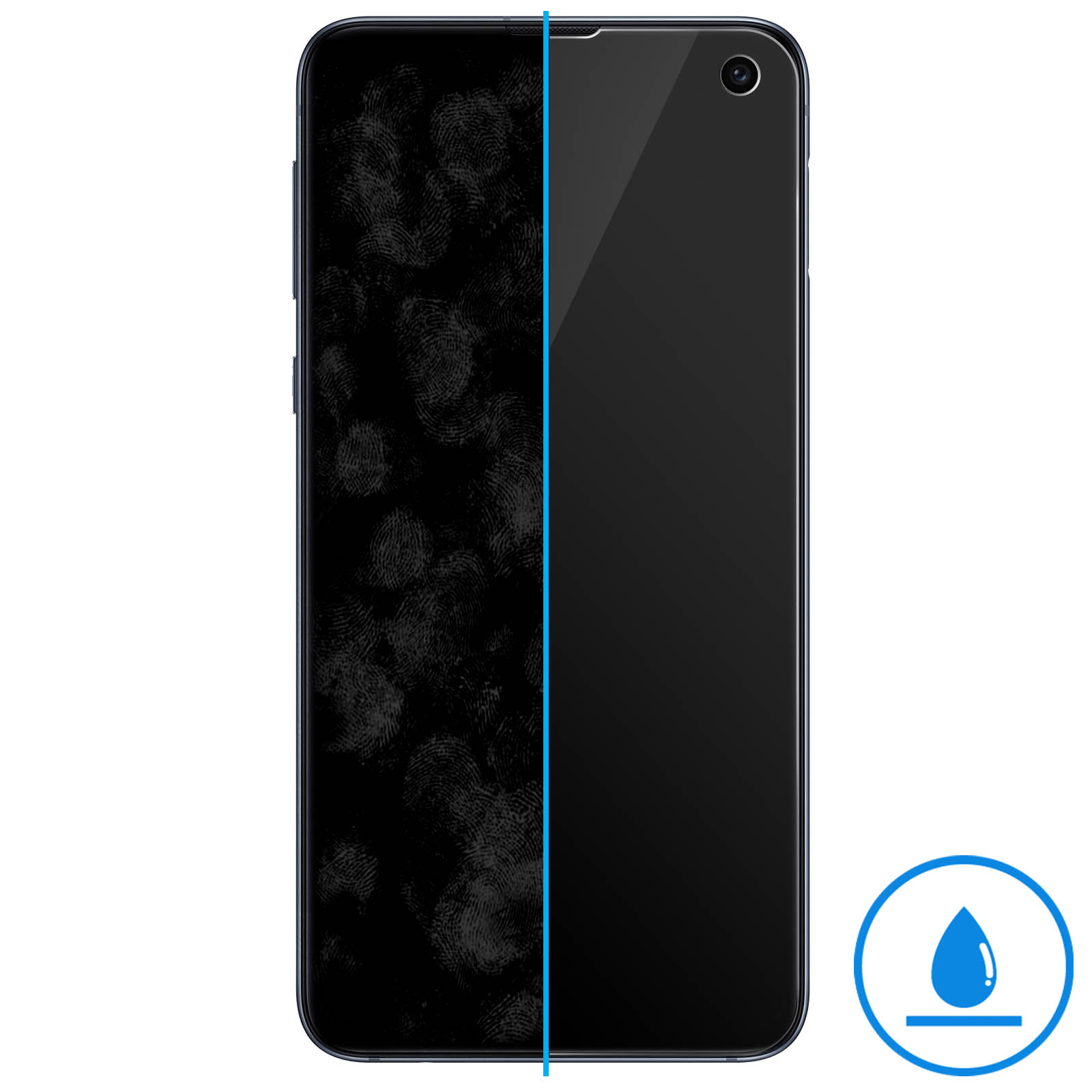 Schermo del telefono nero con impronte digitali a sinistra, pulito a destra. Linea verticale blu. Icona goccia d'acqua.