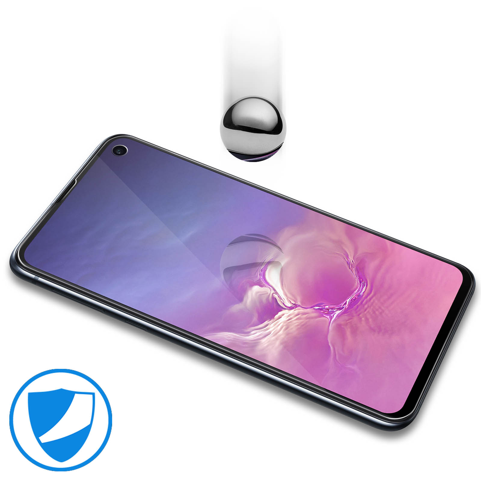 Telefono con protezione schermo. Una sfera metallica sta cadendo verso lo schermo.