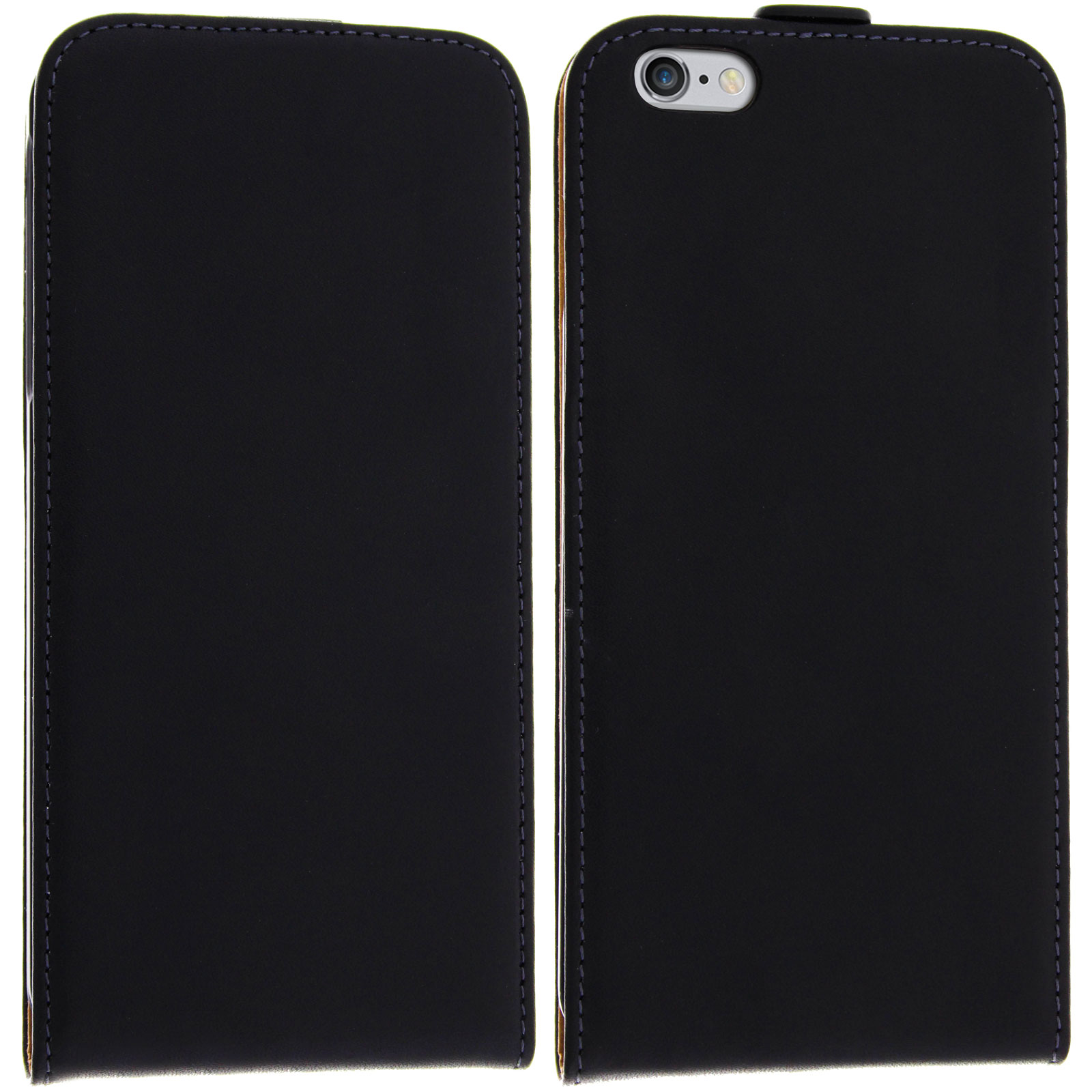 Dos fundas de teléfono de cuero negro, abiertas y cerradas, sobre superficie blanca. Costuras moradas.
