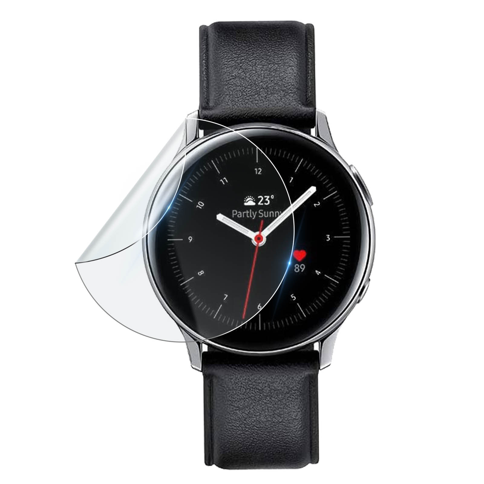 Une montre connectée avec un écran noir affichant l'heure et la météo. Un protecteur d'écran est partiellement décollé.