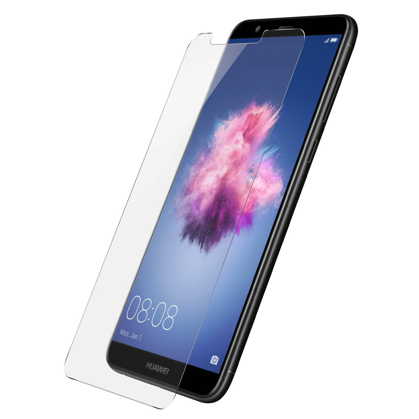 Smartphone nero con protezione schermo, che mostra l'ora e uno sfondo colorato.