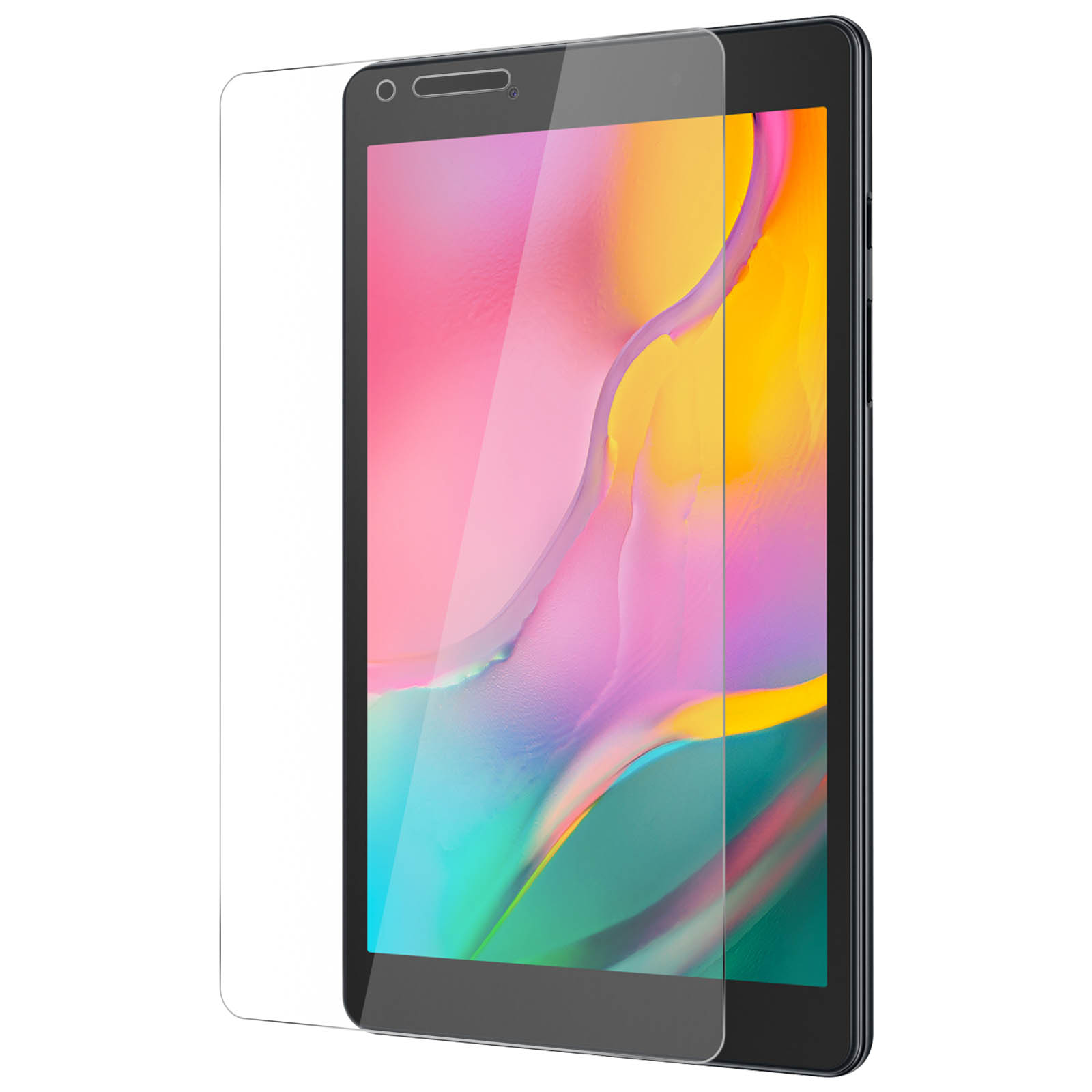 Tablet nero con protezione schermo. Mostra immagine colorata. Protezione a sinistra.