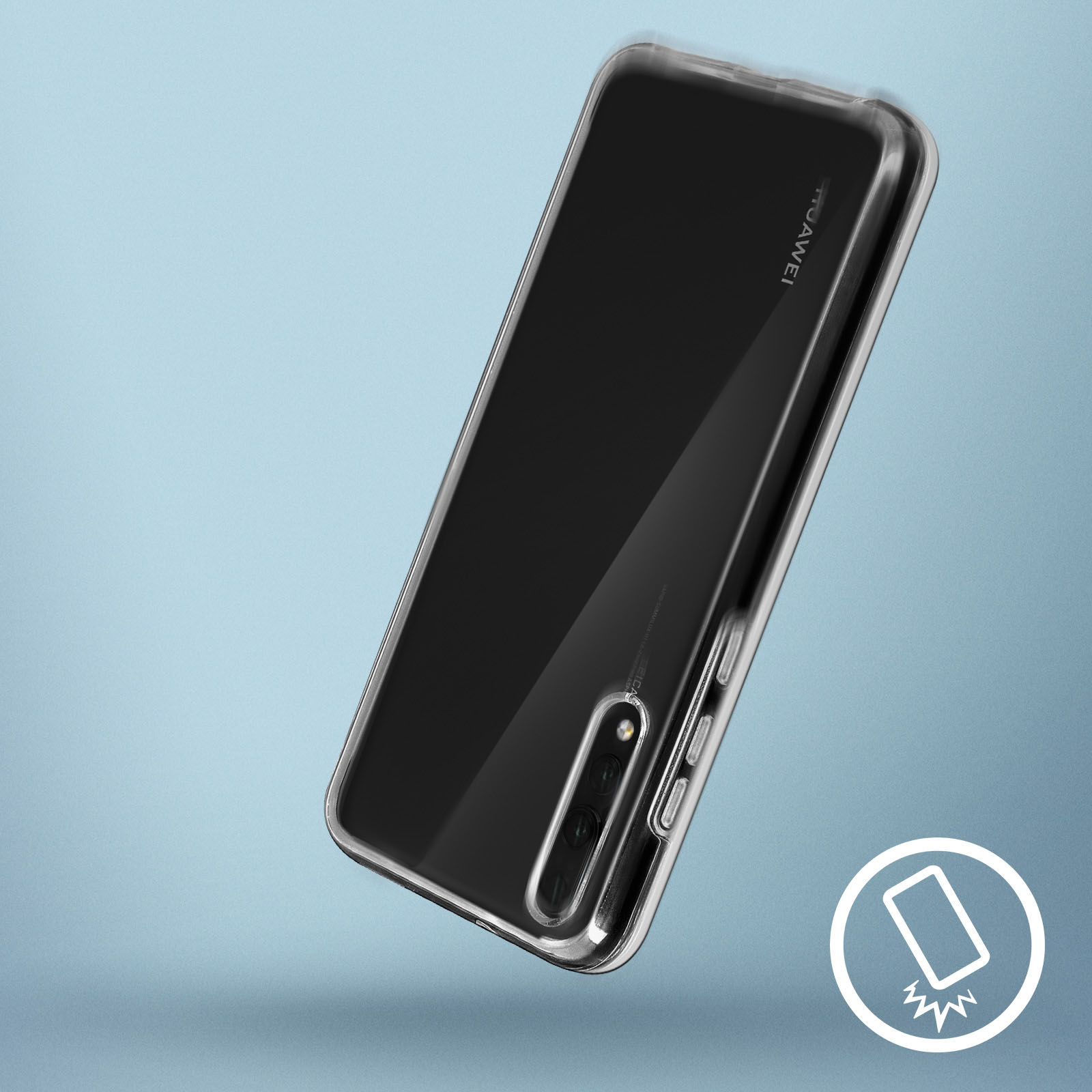 Un telefono in una custodia trasparente su sfondo blu. Tre fotocamere.