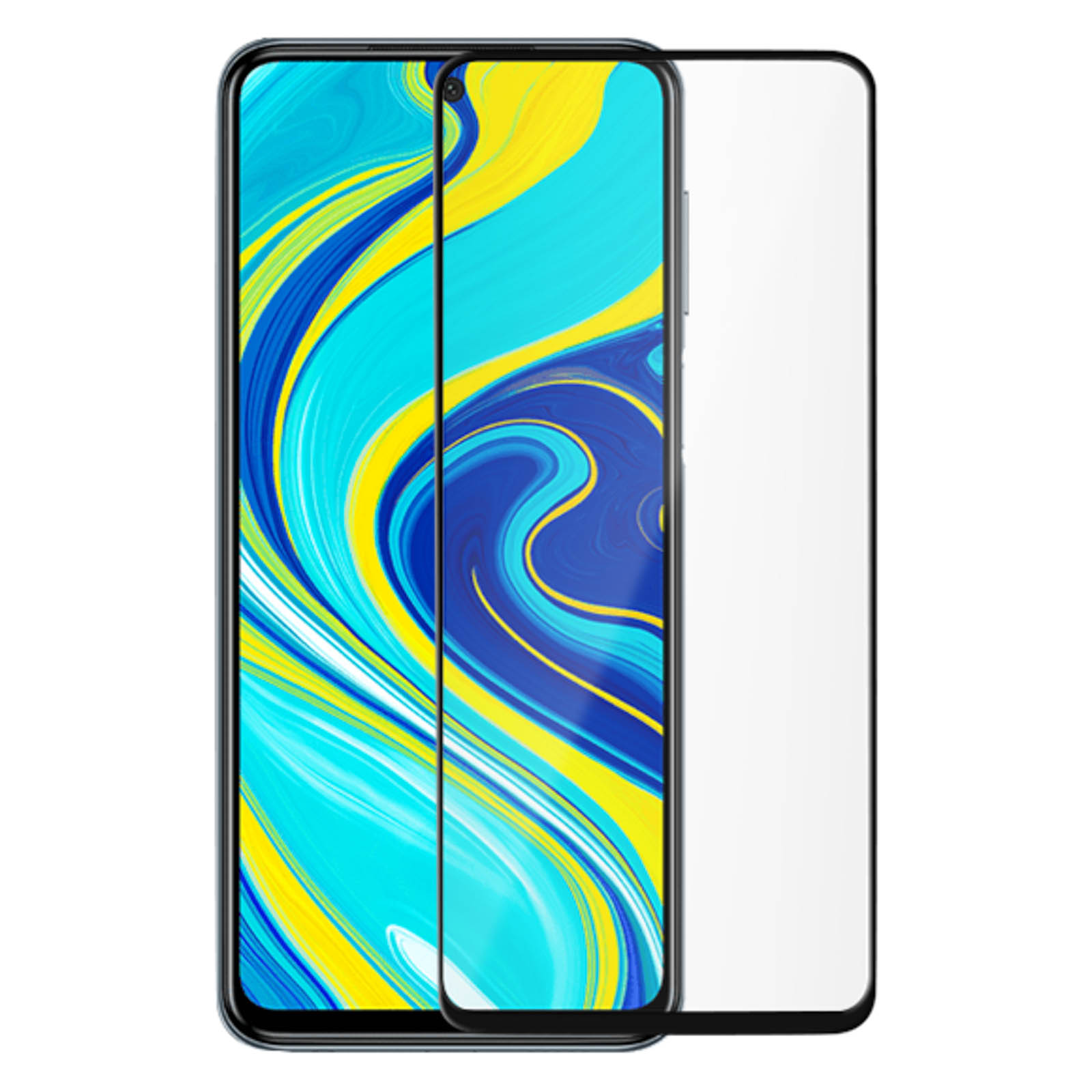Uno smartphone con una protezione per lo schermo applicata. Lo schermo mostra motivi astratti blu, gialli e bianchi. Protezione bianca a destra.