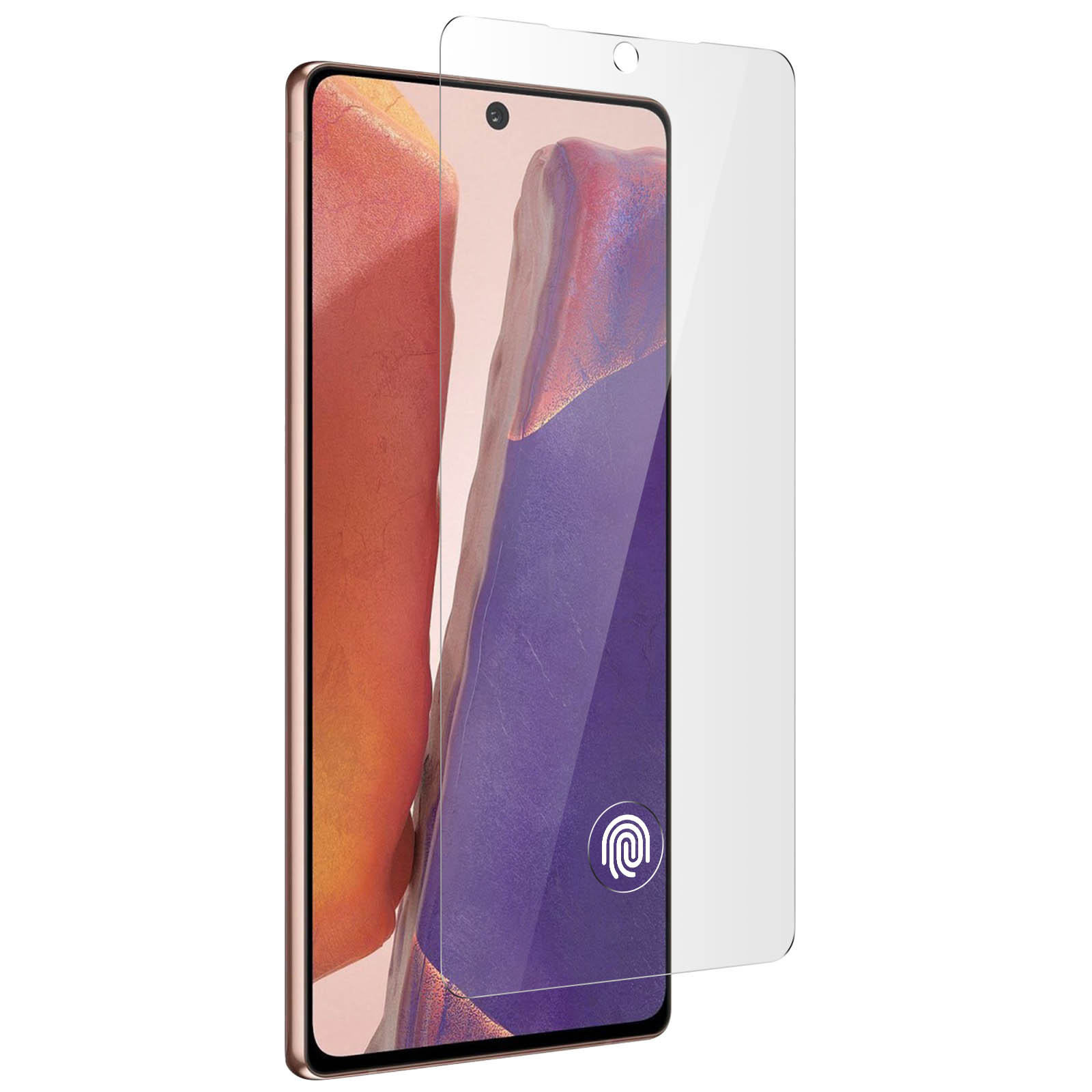 Téléphone et protecteur d'écran. Le téléphone affiche un arrière-plan coloré.