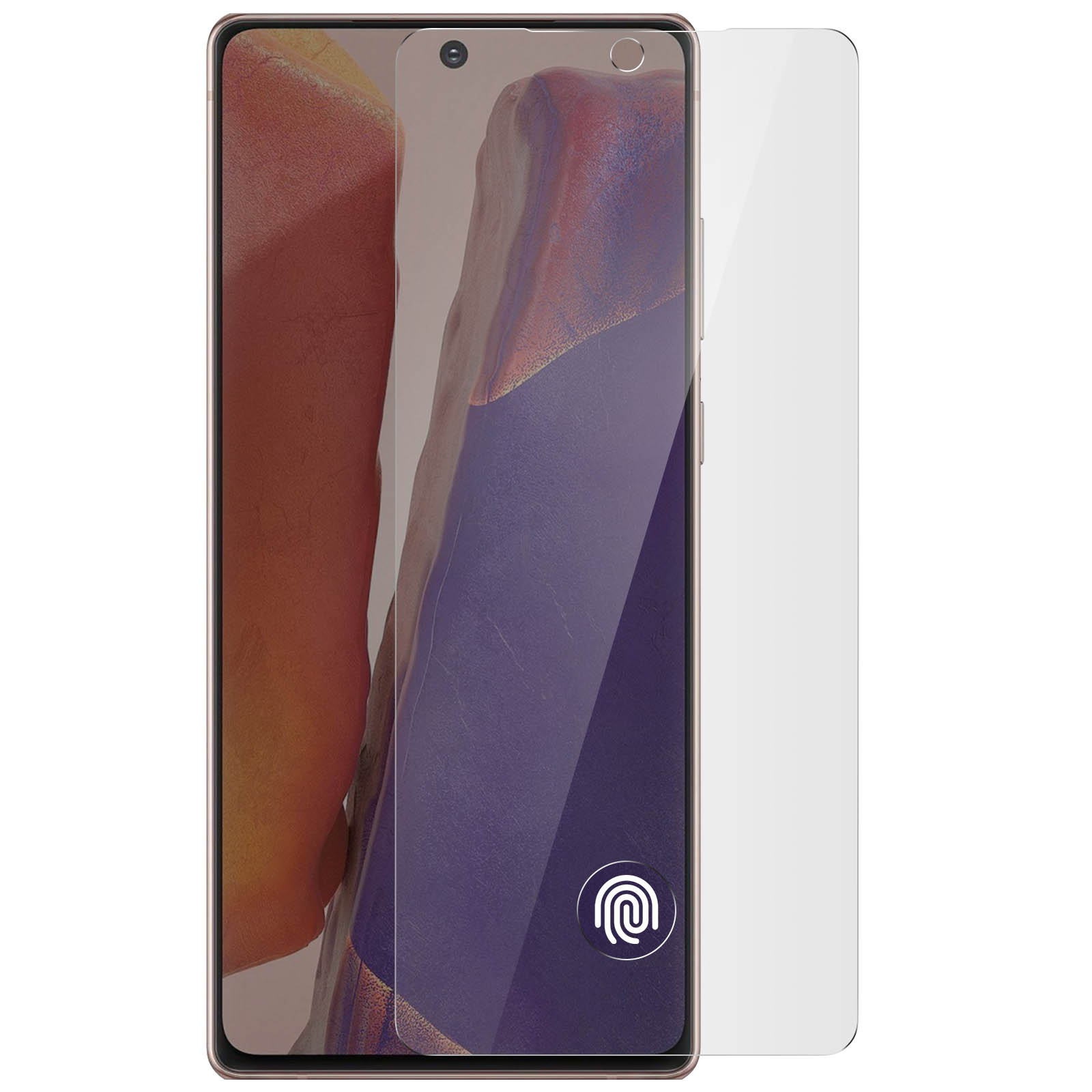 Un téléphone avec un protecteur d'écran et un symbole d'empreinte digitale. Le téléphone est doré avec un fond violet.
