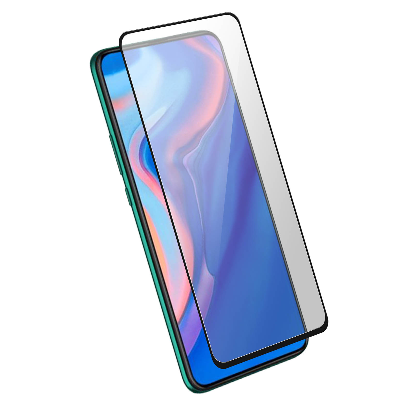 Een smartphone met een schermbeschermer erop. De telefoon is groen en zwart met een scherm dat blauw en roze weergeeft.