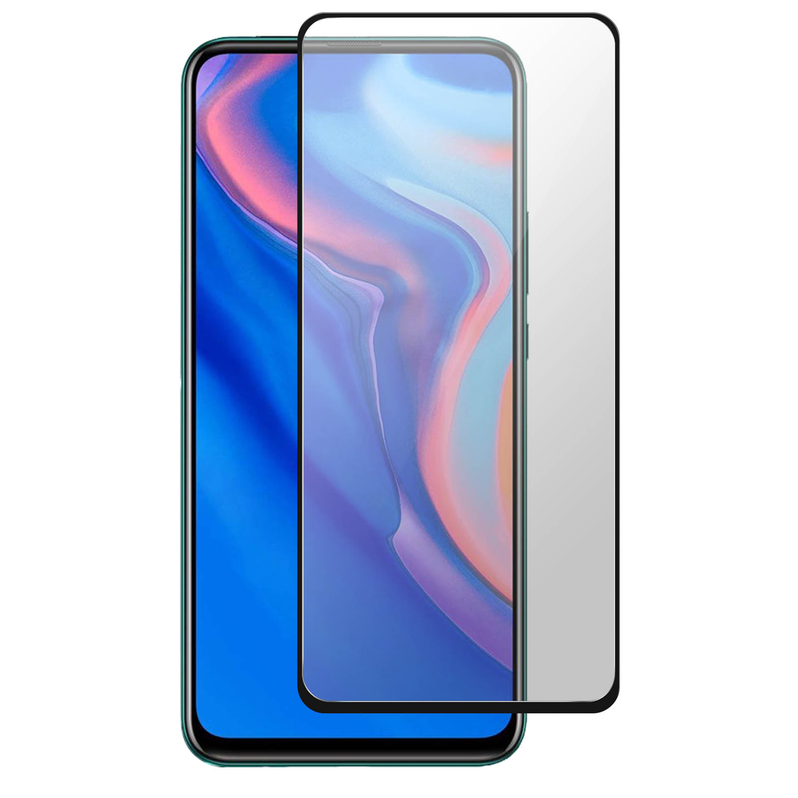 Een smartphone met een schermbeschermer. De telefoon is groen, het scherm toont blauw en roze, en de beschermer is transparant.