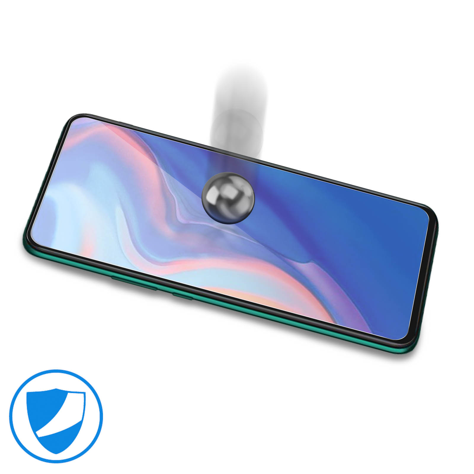 Een smartphone met een gebarsten schermbeschermer. Een metalen bal valt op het scherm.
