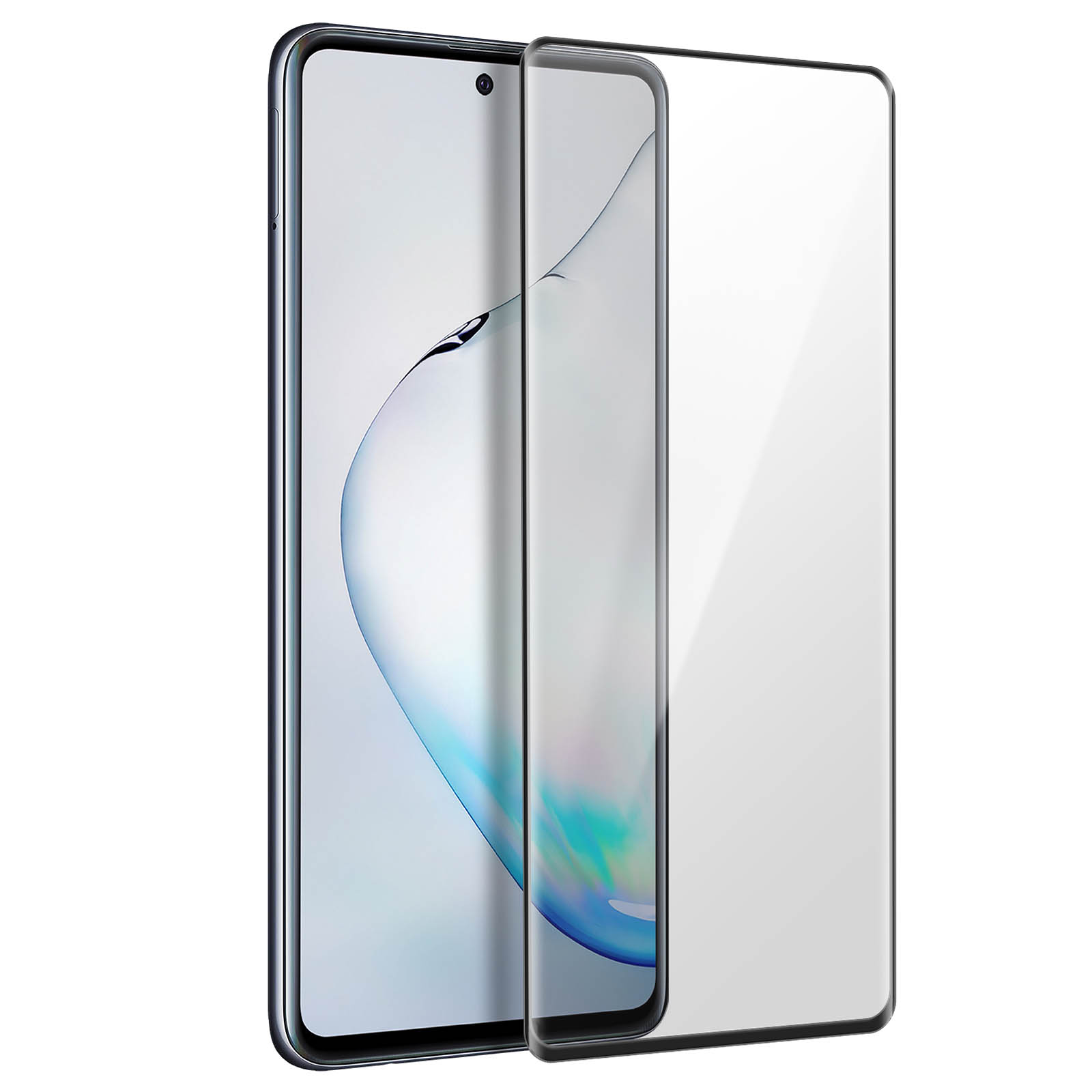 Uno smartphone con protezione schermo applicata. Il telefono è nero, con protezione schermo e fotocamera in alto.