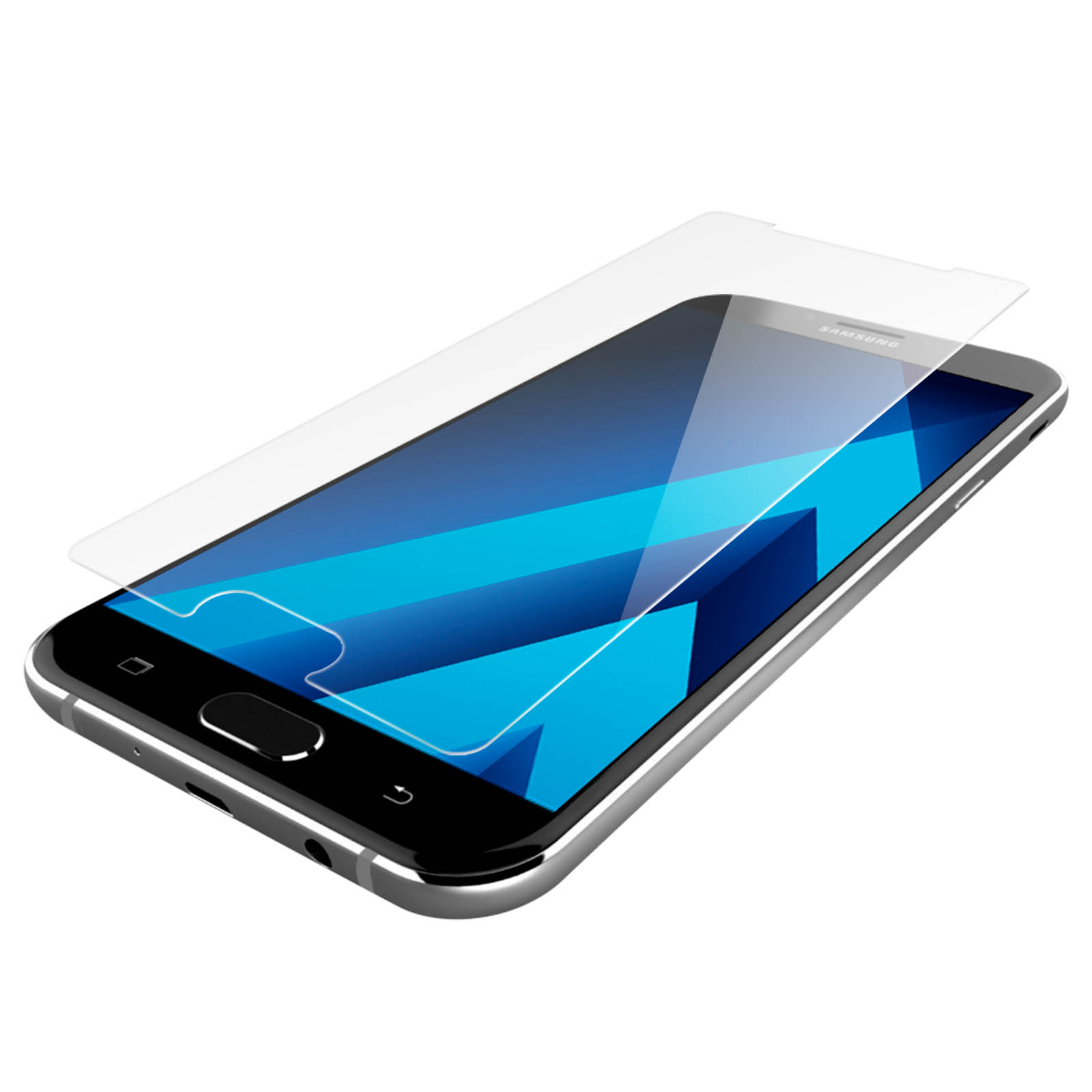 Telefono con protezione schermo. Nero, schermo sfumato blu. Protezione trasparente applicata.