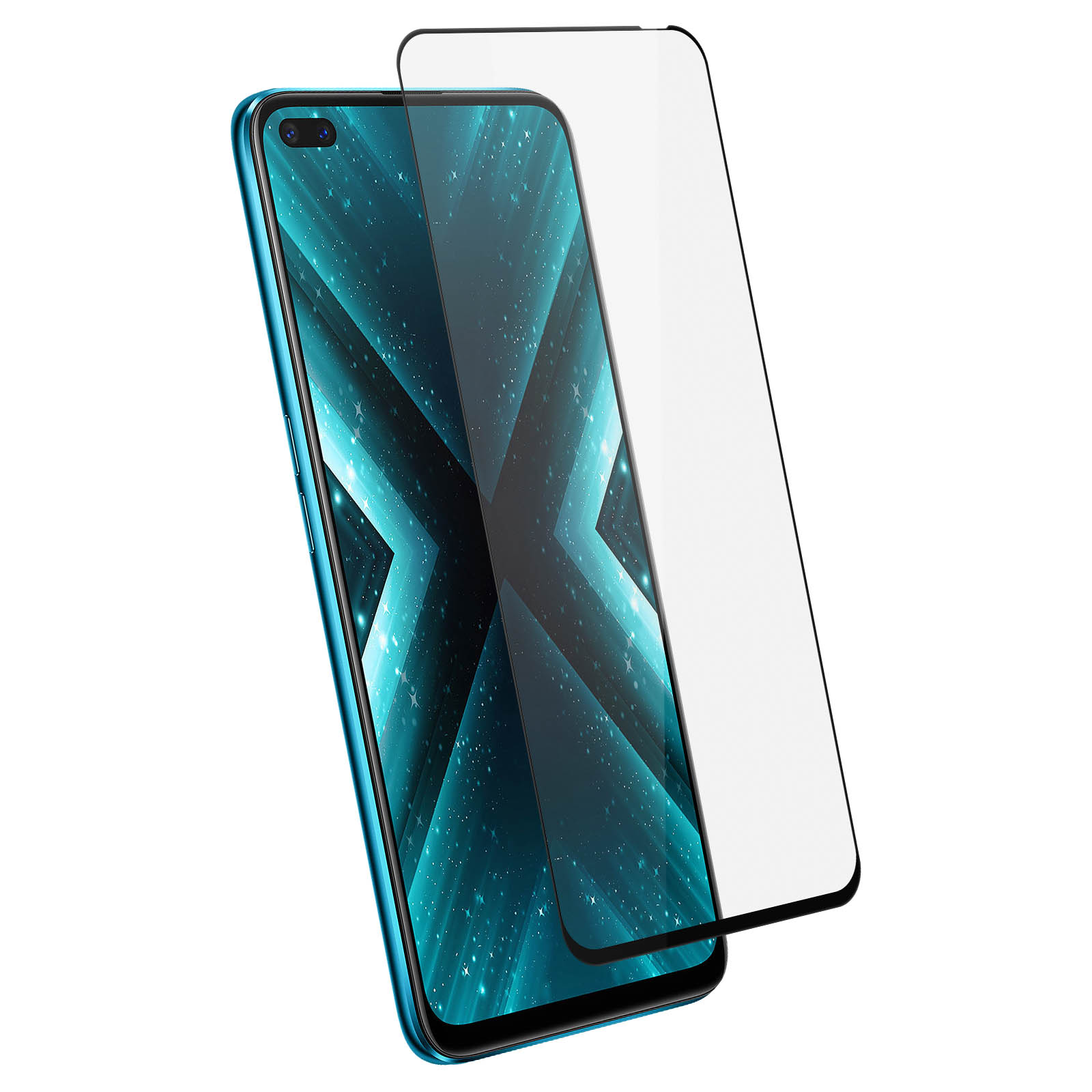 Uno smartphone turchese con protezione schermo è mostrato su sfondo bianco. Lo schermo mostra un design stellato.