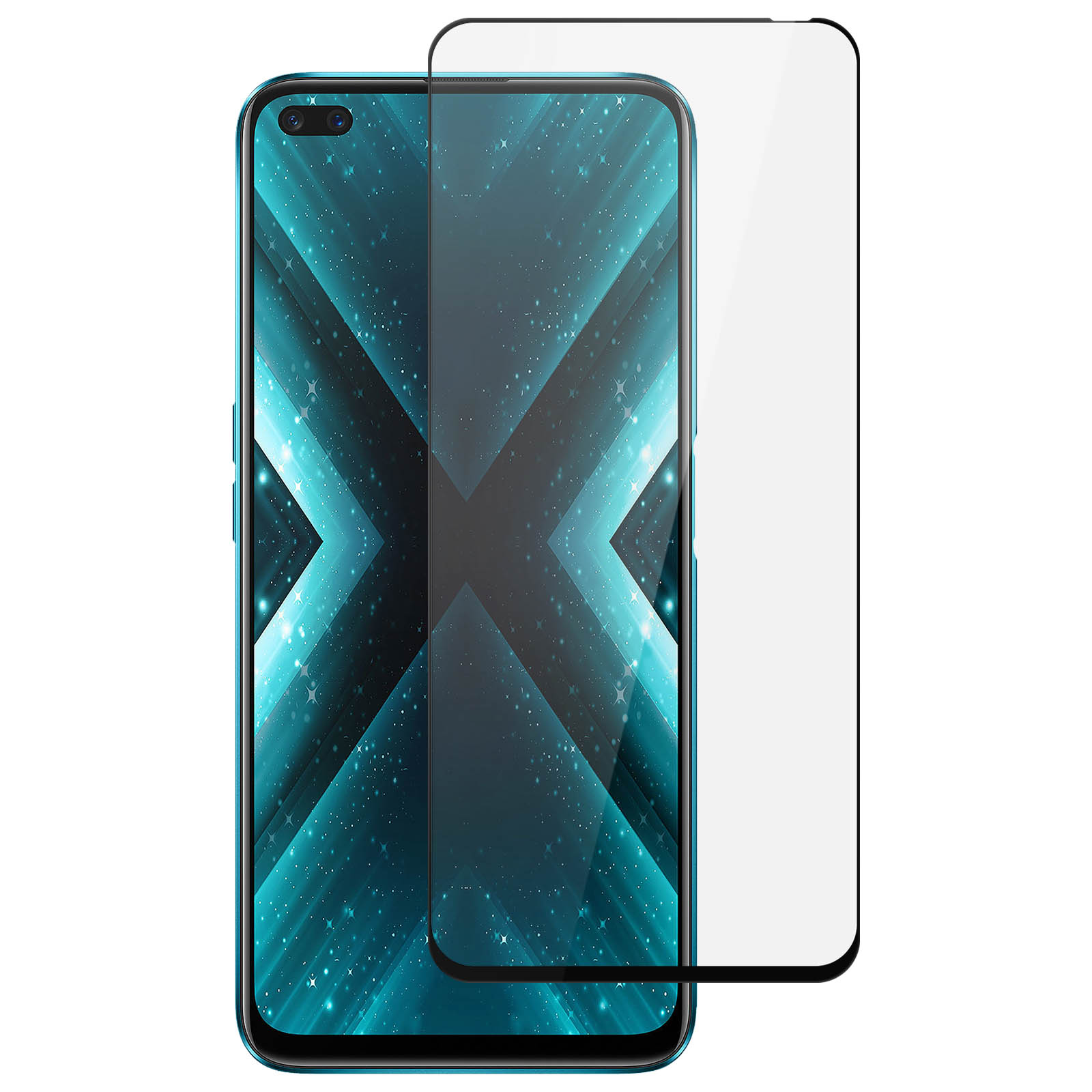 Uno smartphone con una protezione per lo schermo applicata. Lo schermo mostra un motivo blu. Il protettore è trasparente.
