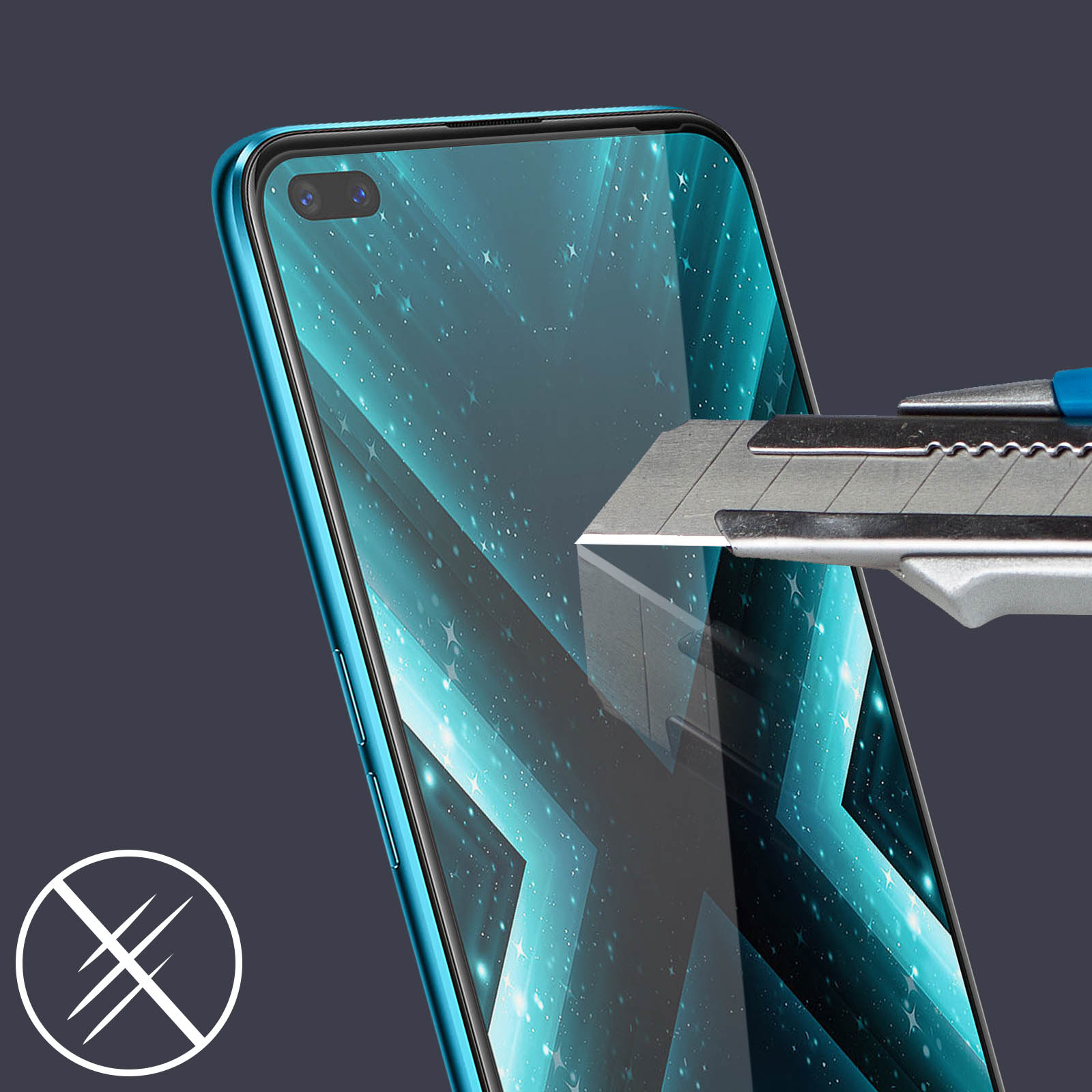 Uno schermo di smartphone tagliato da una lama. Lo schermo ha un motivo a stelle. Il telefono è blu, lo sfondo è grigio scuro.