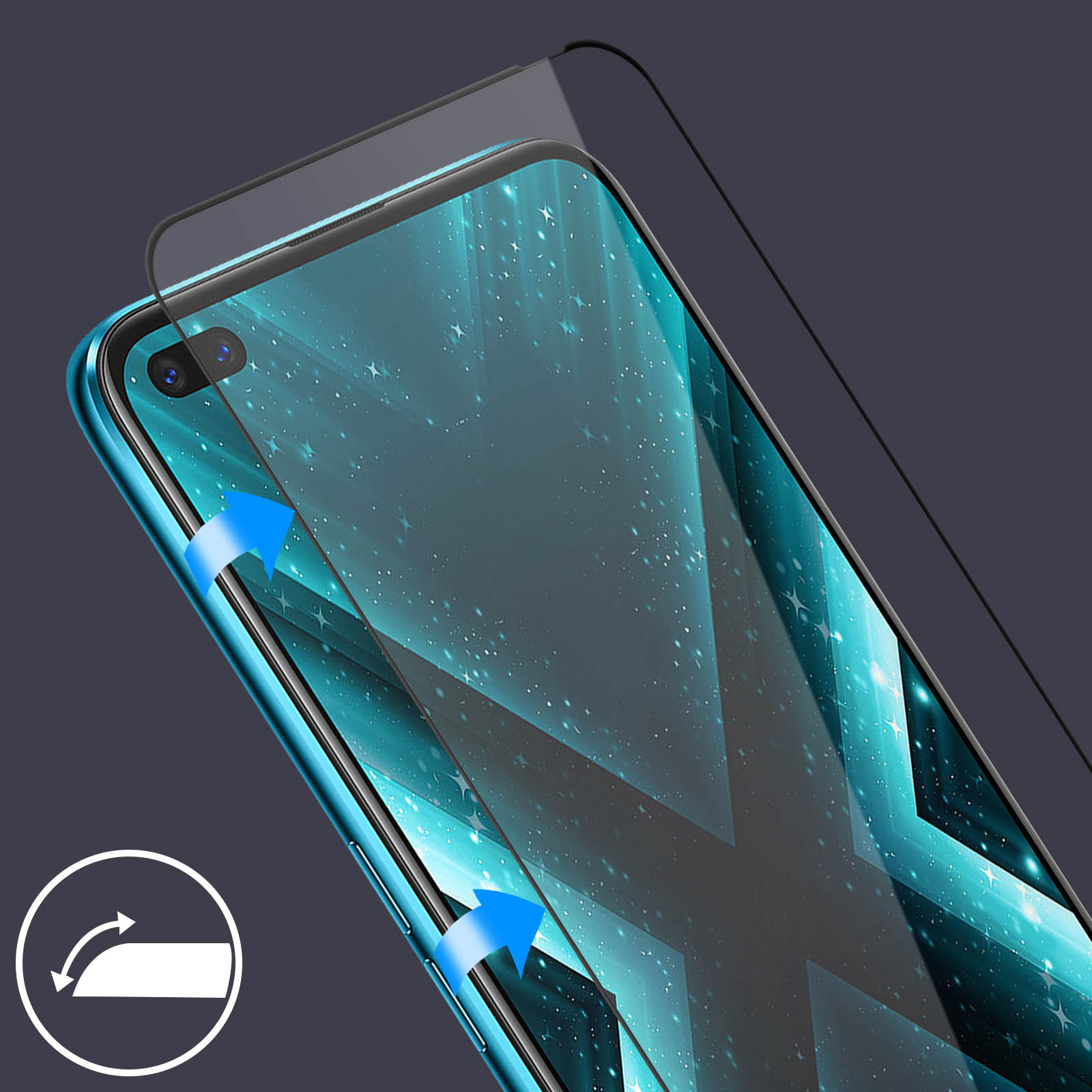 Un telefono con una protezione per lo schermo in fase di applicazione. Le frecce mostrano il processo. Il telefono è blu, lo sfondo è scuro.