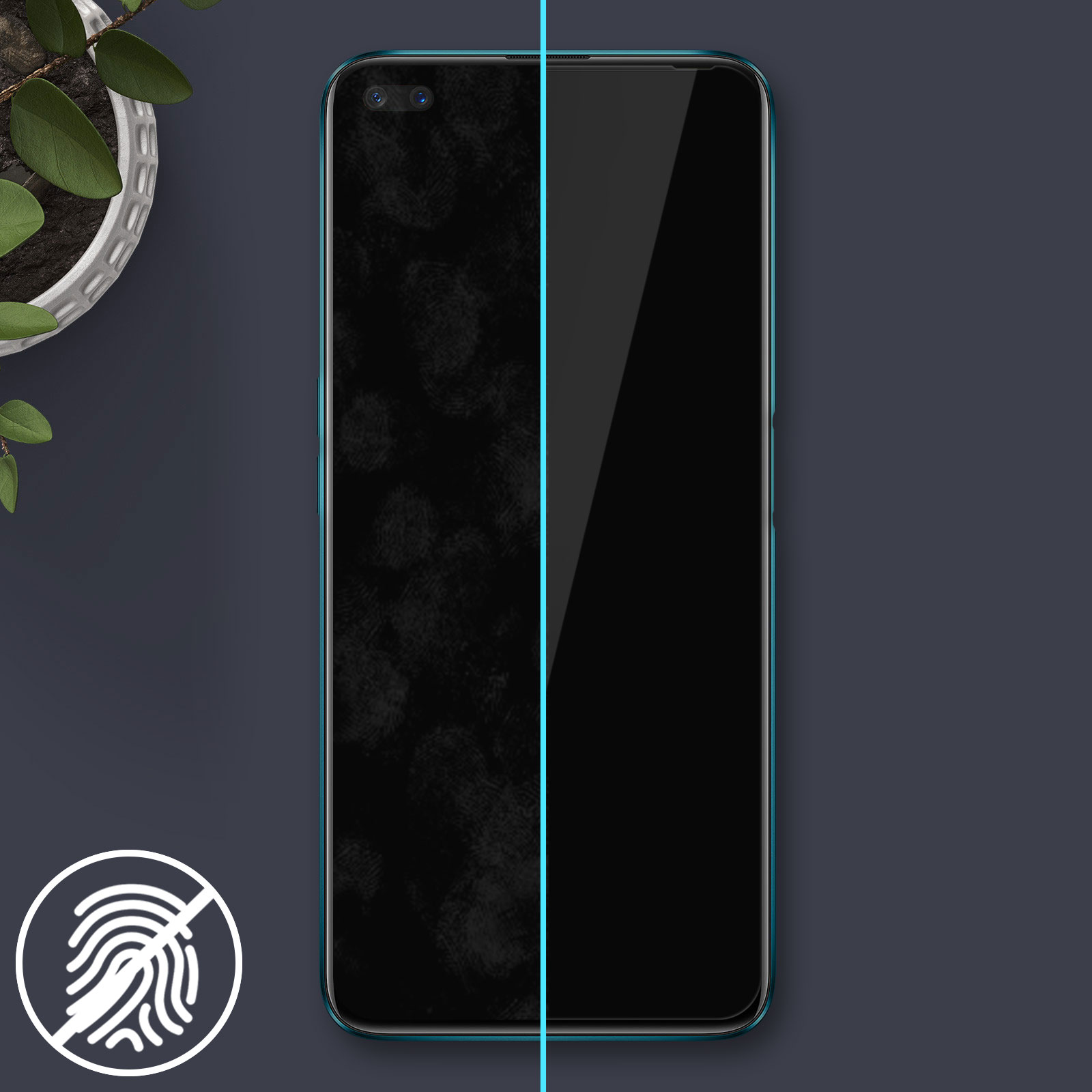 Uno smartphone mostra uno schermo coperto di impronte digitali rispetto a uno pulito. Sono visibili una pianta e un'icona.