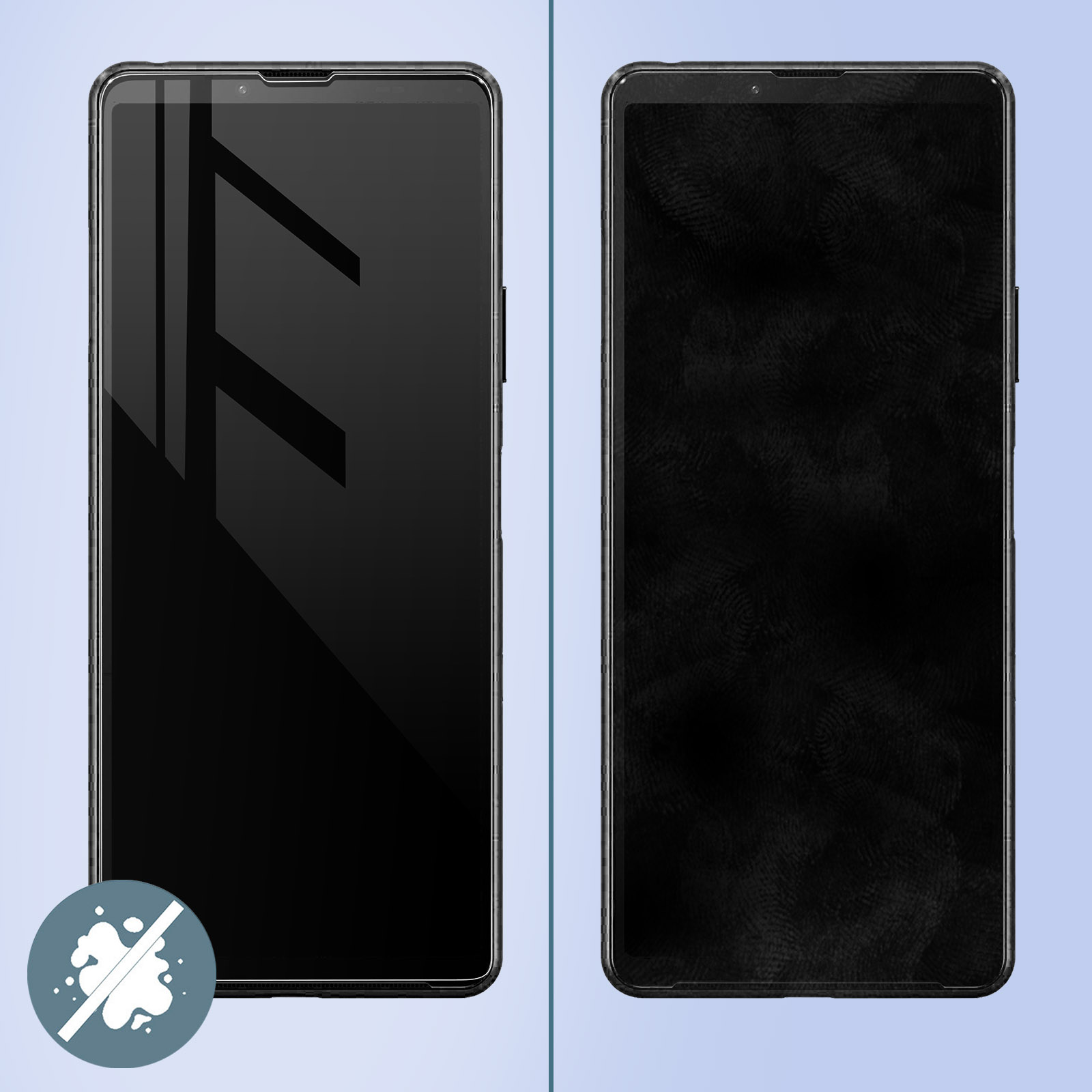 Due telefoni con schermi neri. Uno ha una protezione per lo schermo. Una macchia è presente sullo schermo.