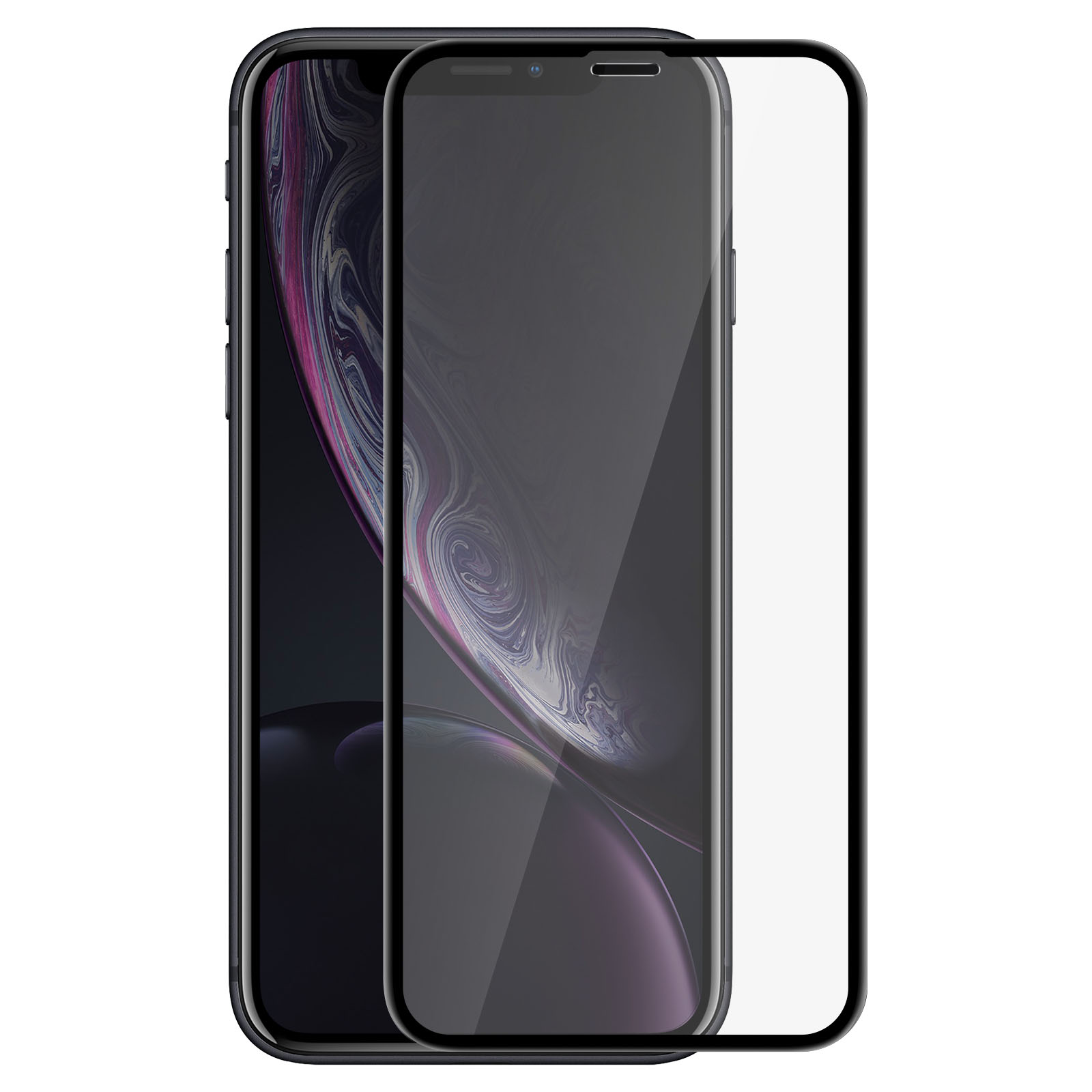 Telefono e protezione schermo. Il telefono è nero con schermo acceso. La protezione è trasparente e leggermente staccata.